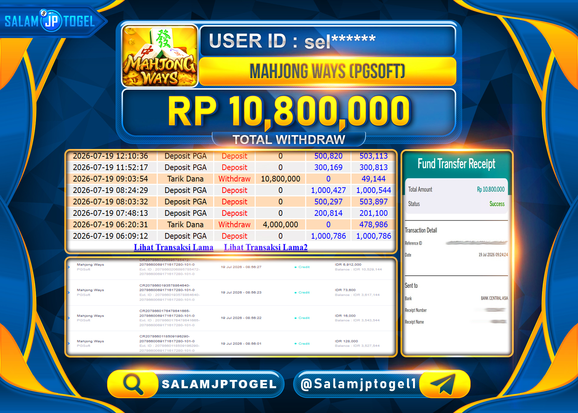 SALAMJPTOGEL JACKPOT MENANG SLOT MAHJONG WAYS 2 PG SOFT Rp.10,800,000 - LUNAS