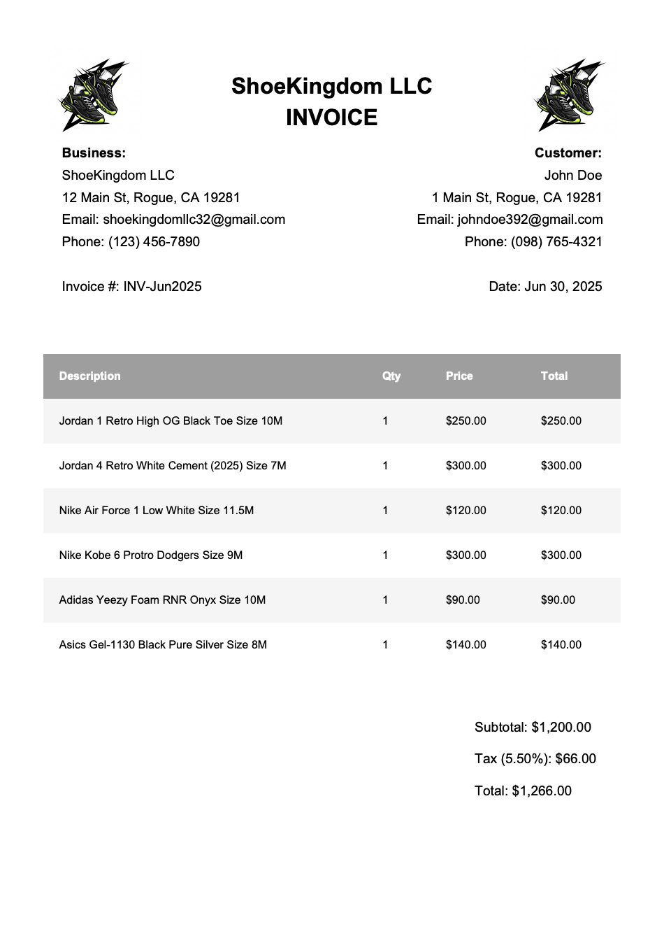 Example Product Invoice