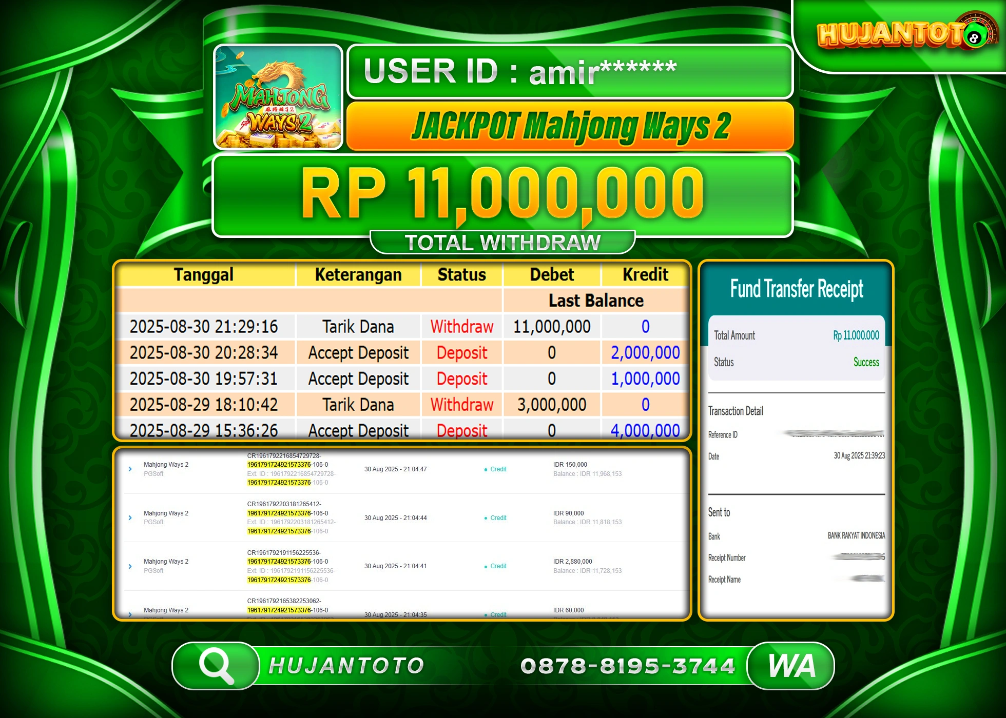 HUJANTOTO - BUKTI JACKPOT MENANG  SLOT MAHJONG WAYS 2  Rp.11,000,000 - TERBAYAR LUNAS