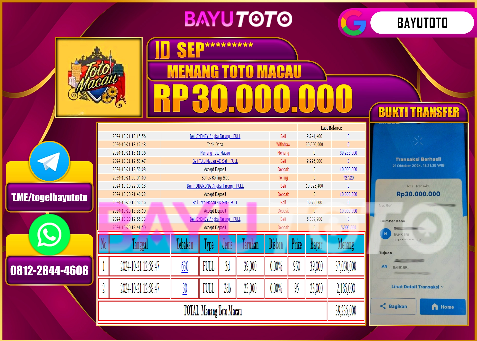 BAYUTOTO MENANG TOGEL TOTO MACAU 30.000.000 - LUNAS