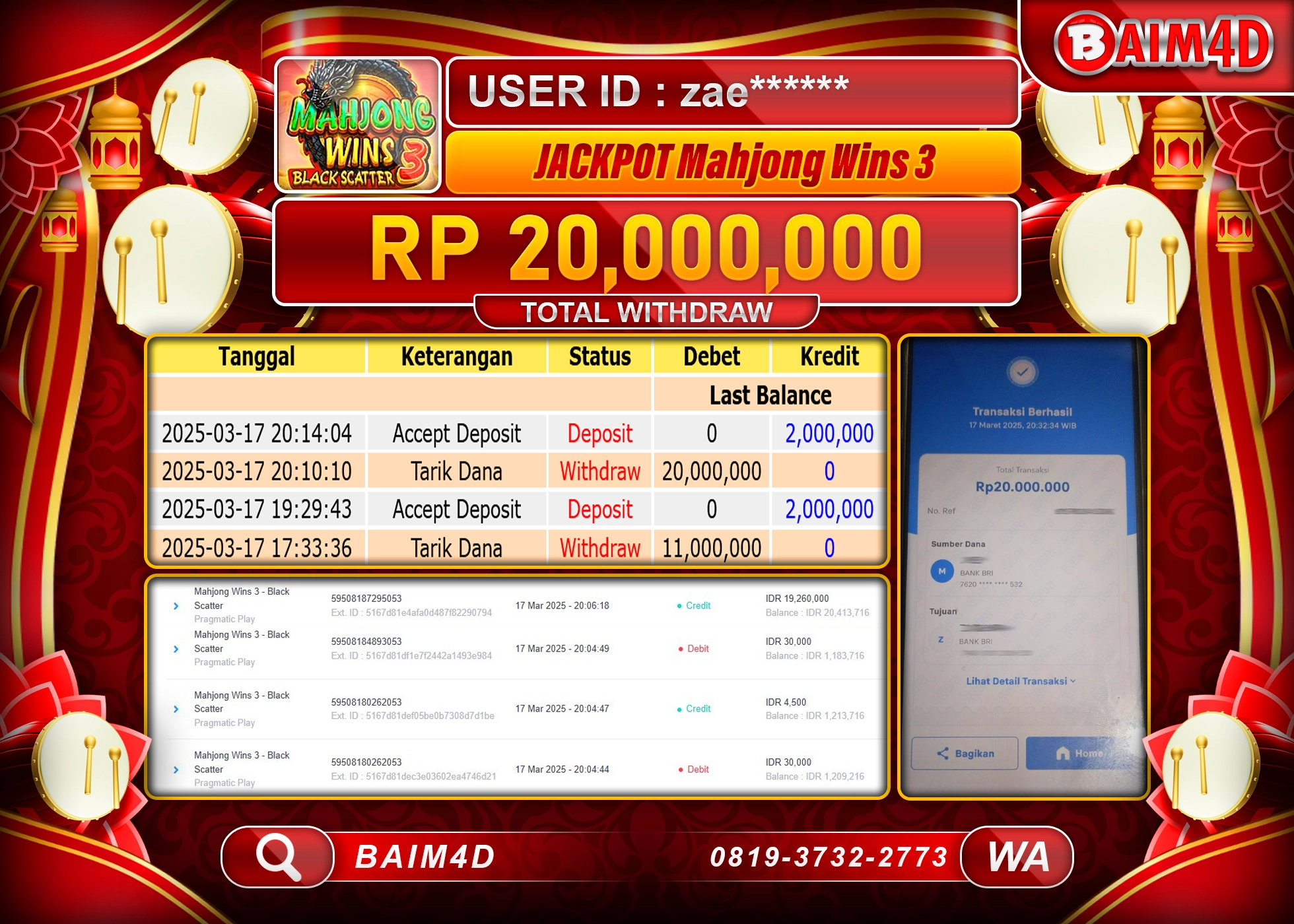 BAIM4D JACKPOT  MENANG  MAHJONG WINS3  Rp.20.000,000.- LUNAS