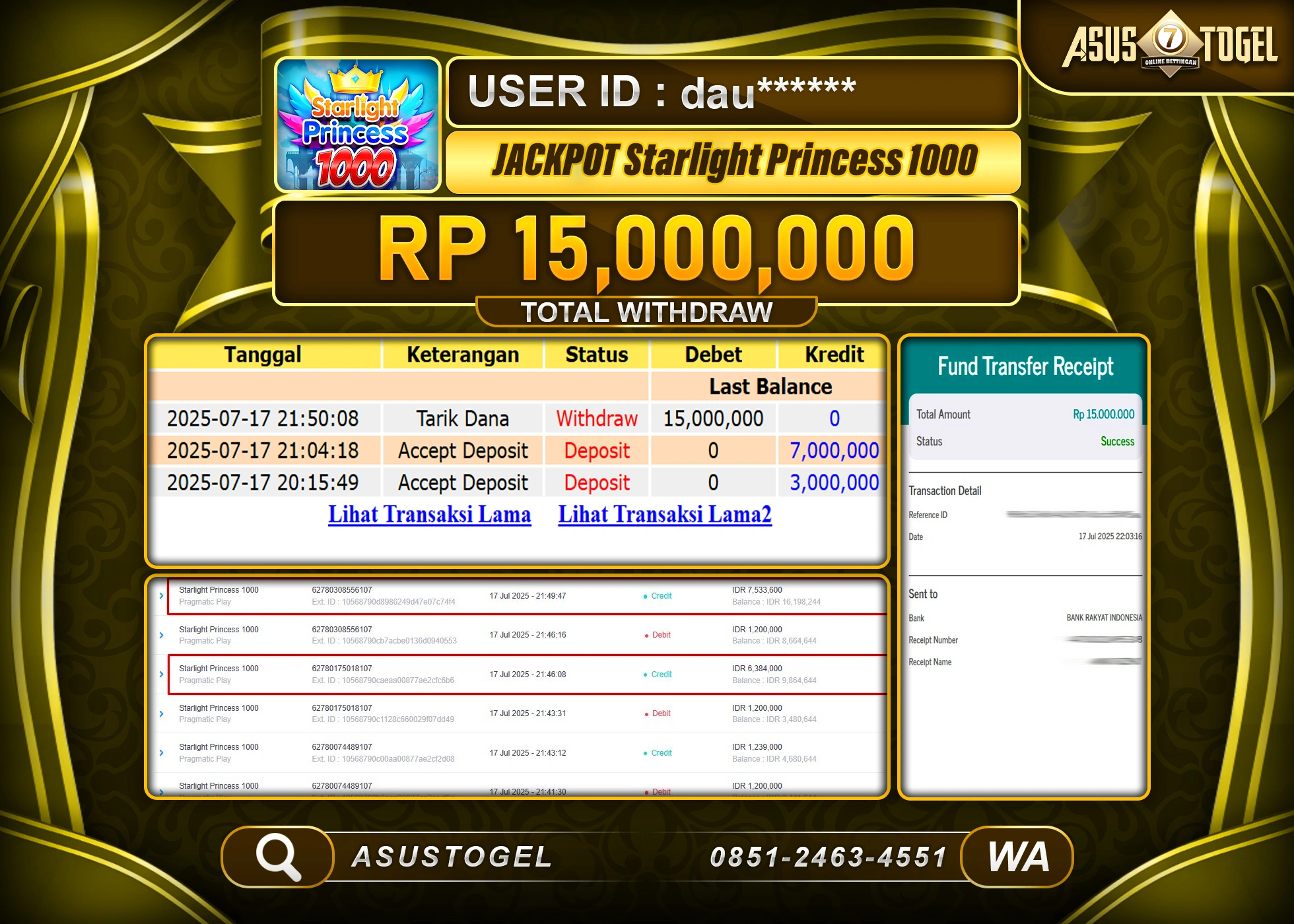 ASUSTOGEL KEMENANGAN DI SLOT STARLIGHT PRINCESS 1000 SEBESAR 15,000,000- RUPIAH LUNAS