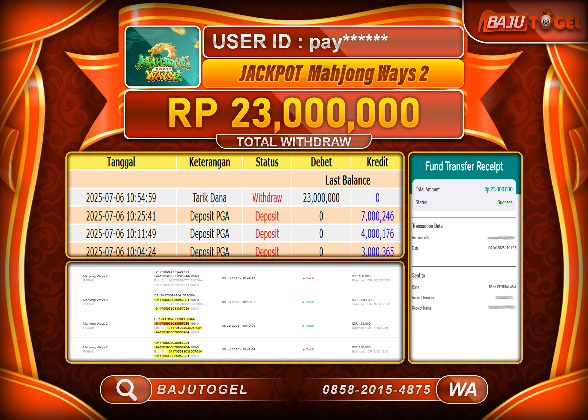 BAJUTOGEL MENANG MAHJONG WAYS 2 Rp.23.000.000 LUNAS