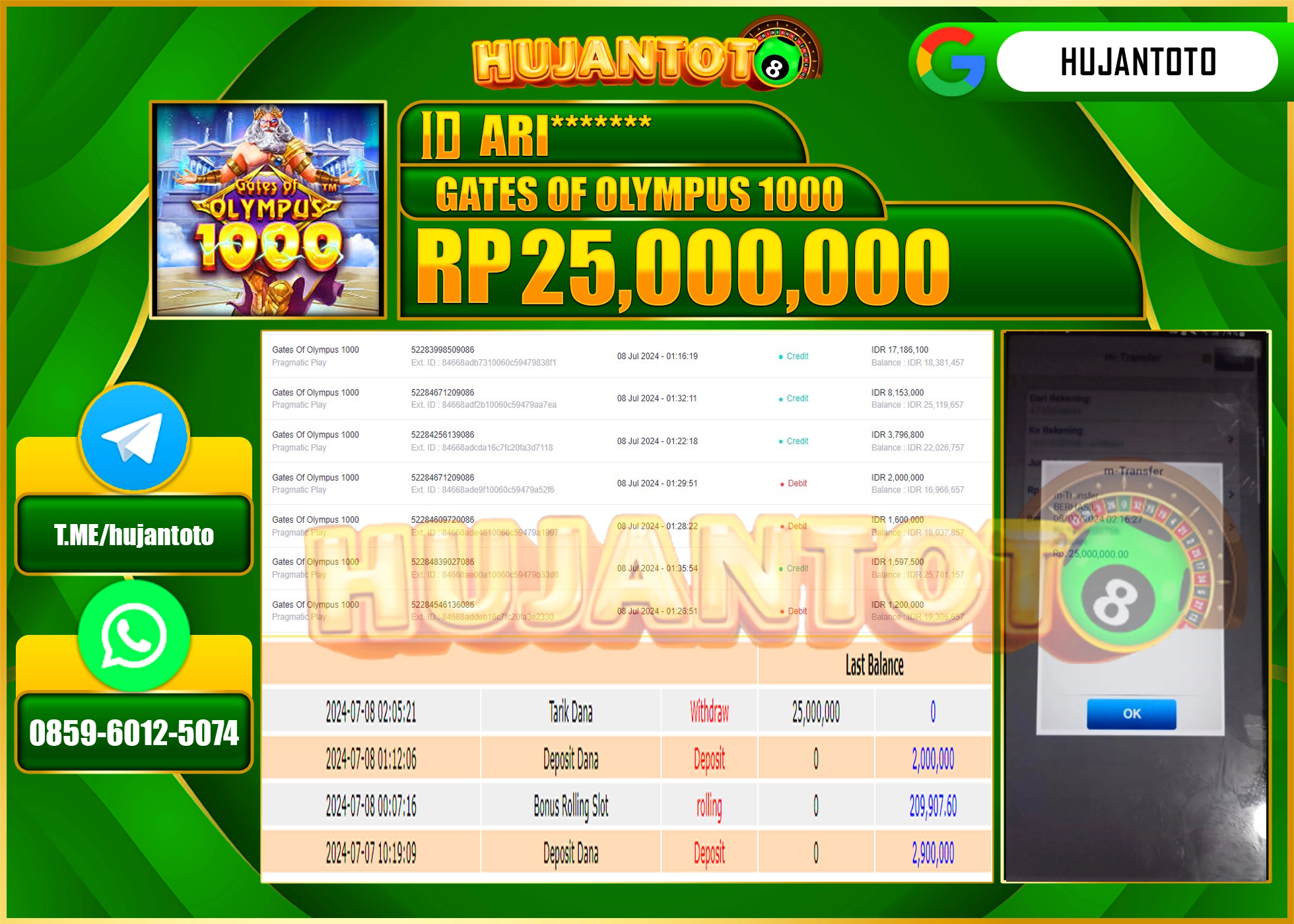HUJANTOTO MENANG SLOT Gates Of Olympus 1000 (Pragmatic Play)  25.000.000 - LUNAS 