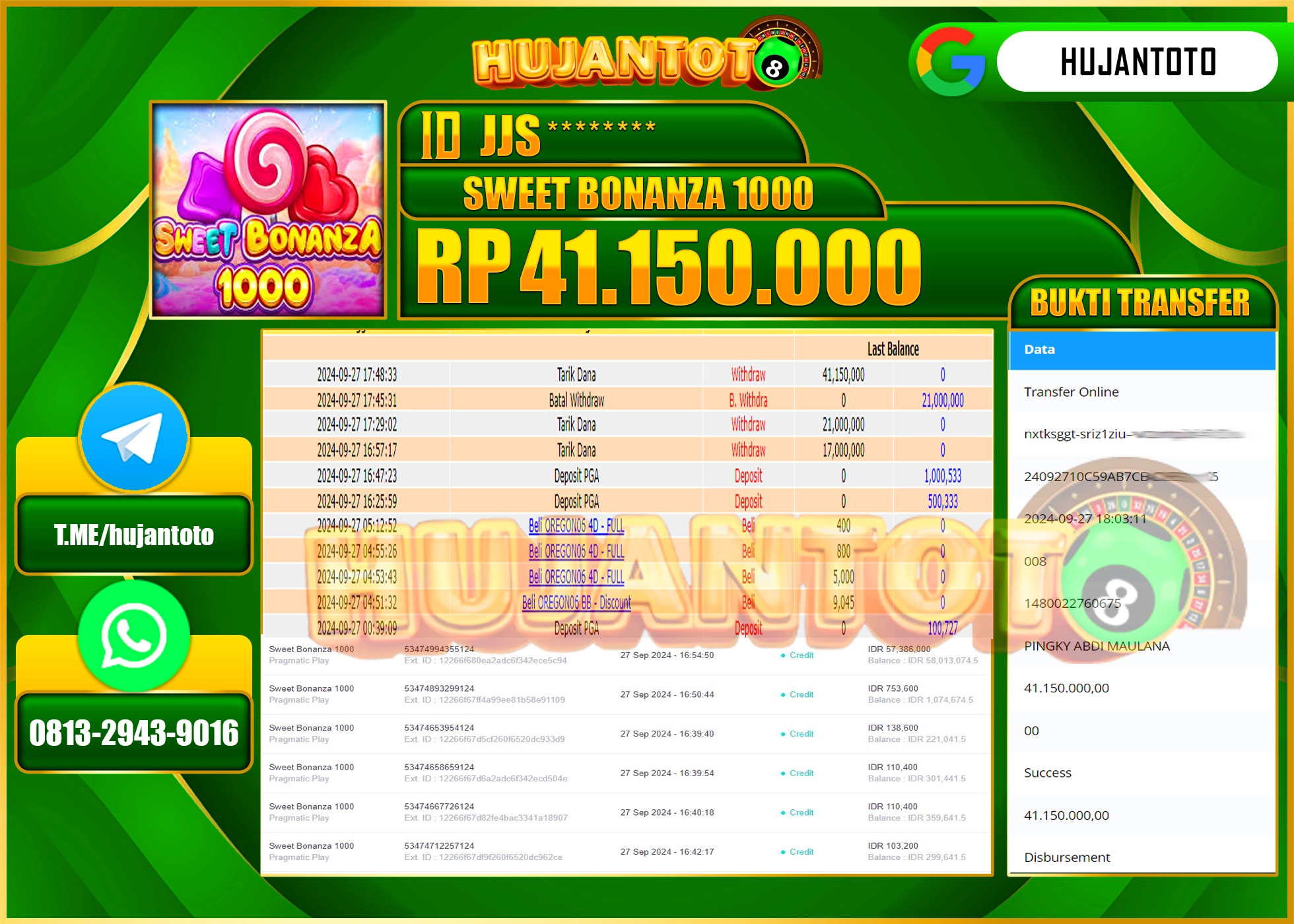HUJANTOTO MENANG BESAR DI PERMAINAN SLOT SWEET BONANZA1000 - 41.150,000 - LUNAS 