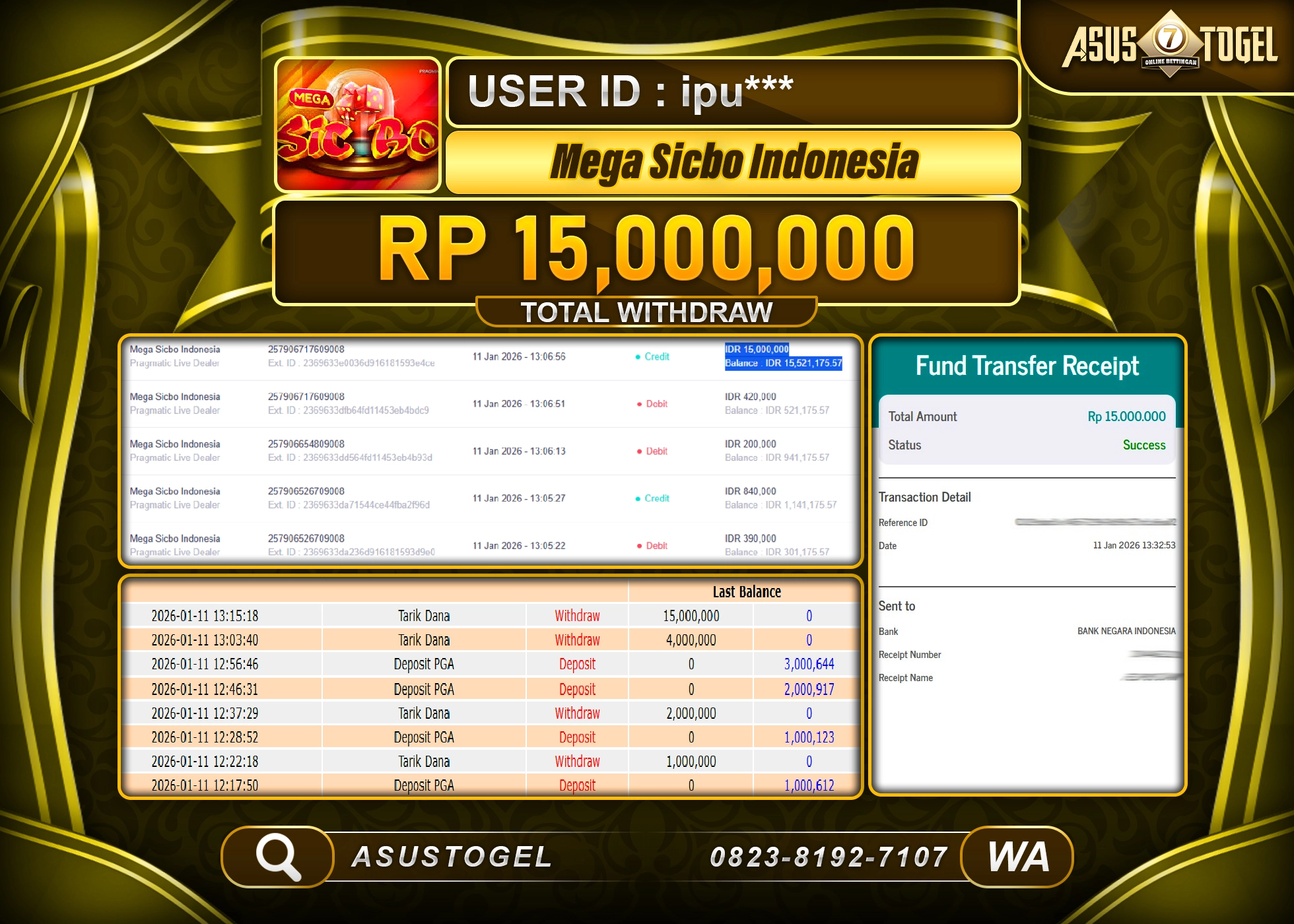 ASUSTOGEL KEMENANGAN DI LIVE GAMES MEGA SICBO INDONESIA SEBESAR 15,000,000 - RUPIAH LUNAS