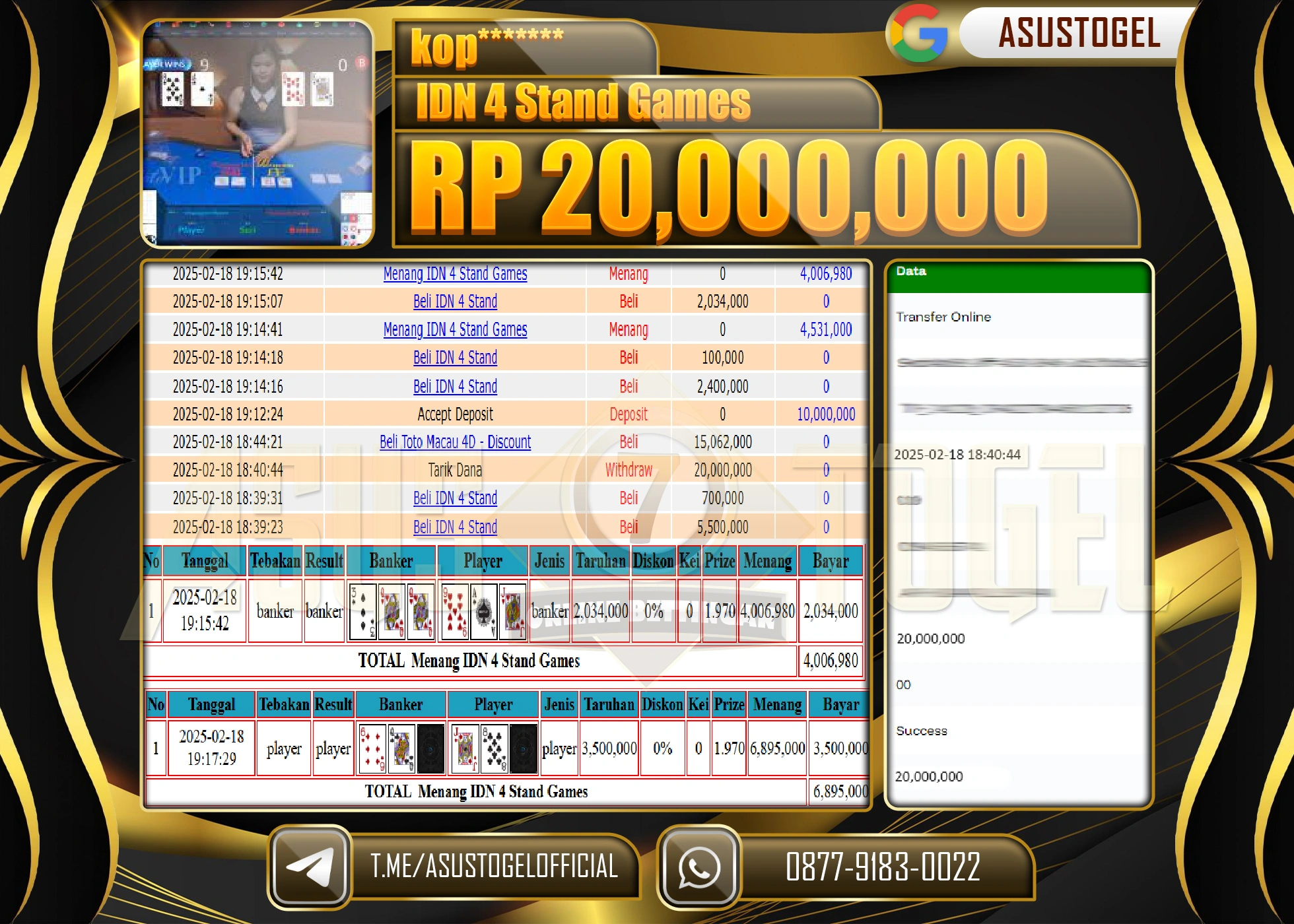 ASUSTOGEL KEMENANGAN DI IDN 4 STAND GAMES SEBESAR 20,000,000 - RUPIAH LUNAS