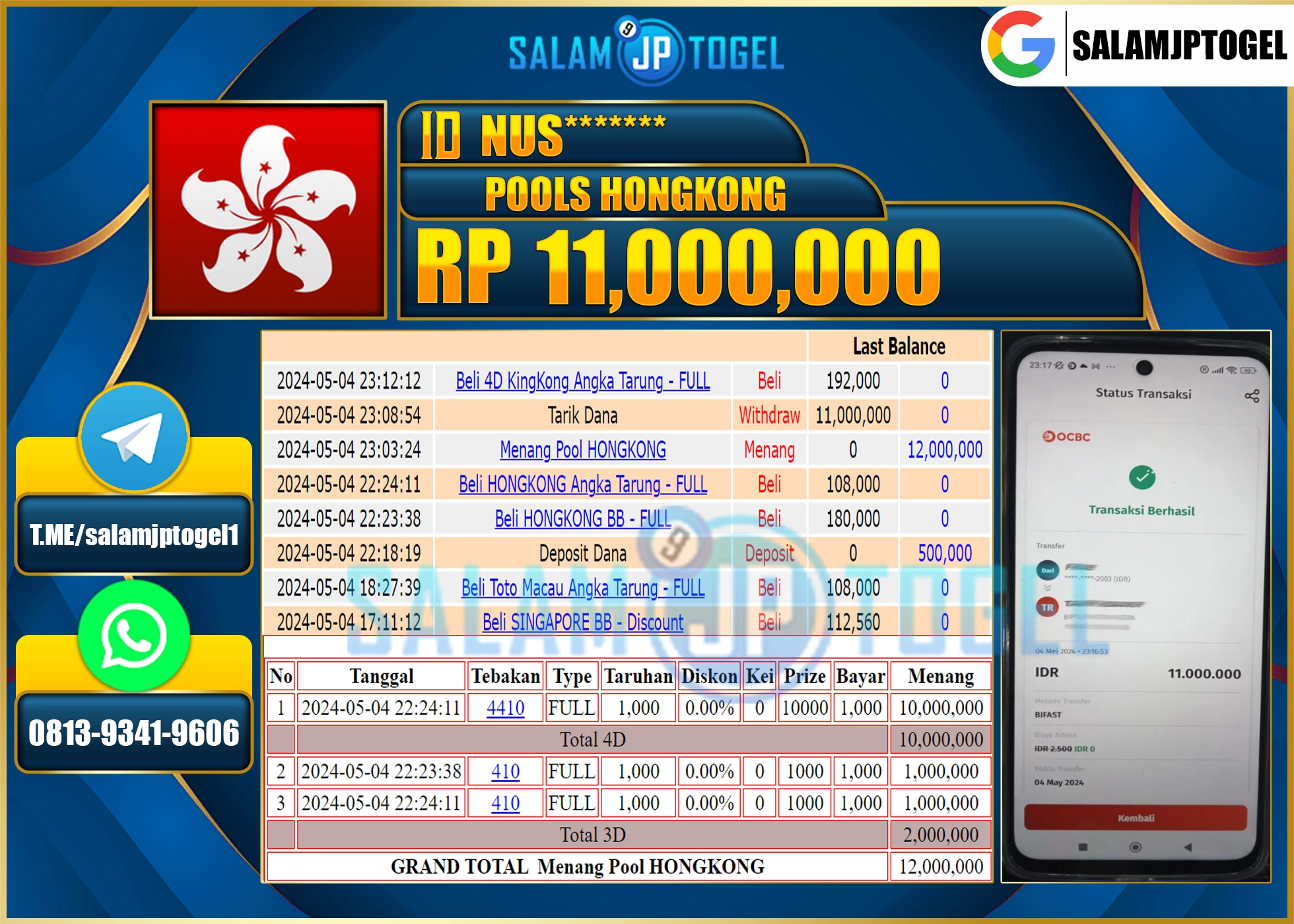 SALAMJPTOGEL  MENANG HONGKONG RP.11,000,000.,- LUNAS