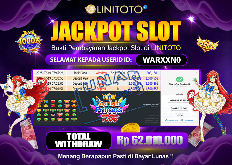 LINITOTO JACKPOT SLOT STARLIGHT PRINCESS 1000 Rp.62.010.000,- LUNAS