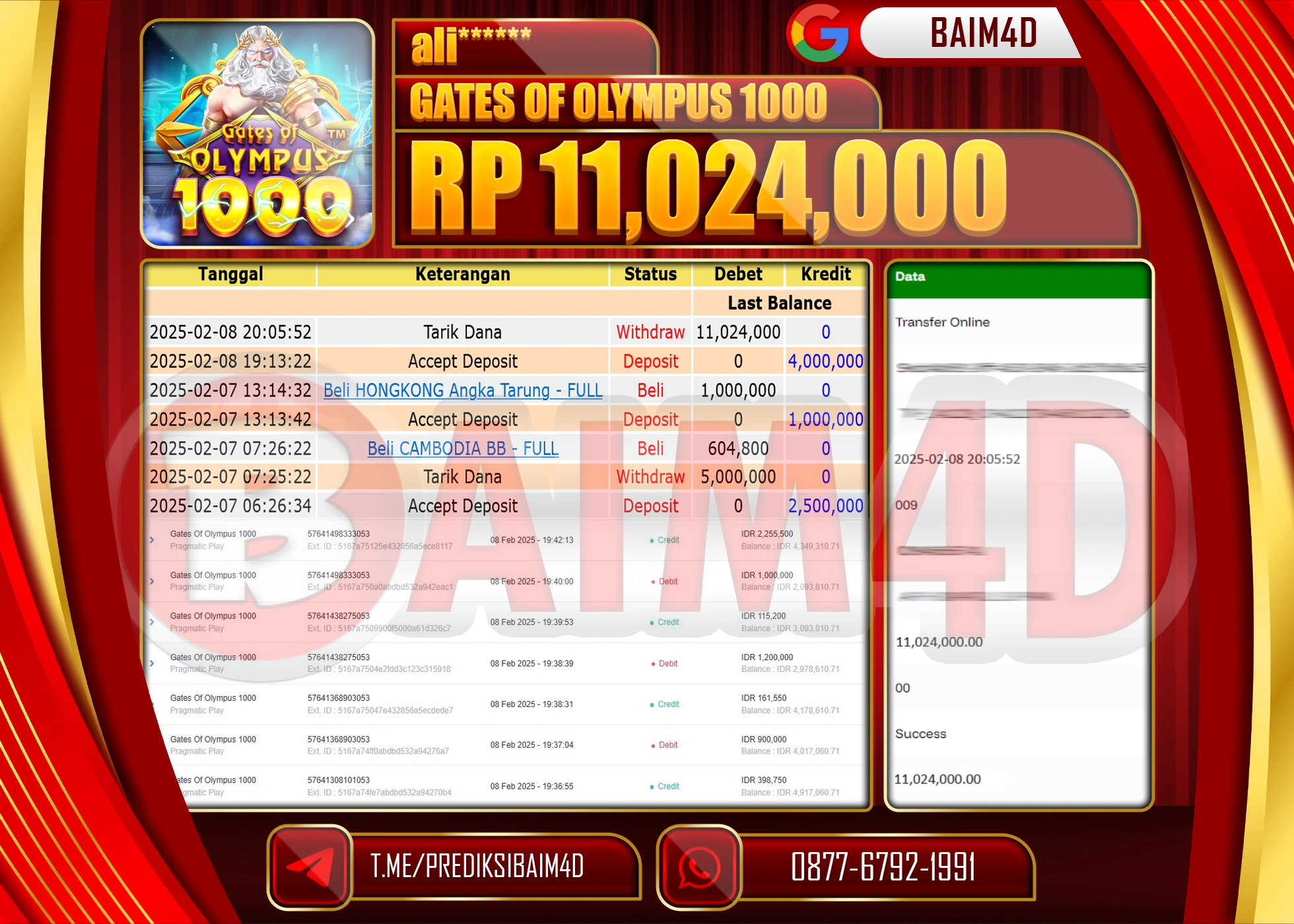 BAIM4D MENANG PRAGMATIC GATES OF OLYMPUS  Rp.11.024,000.