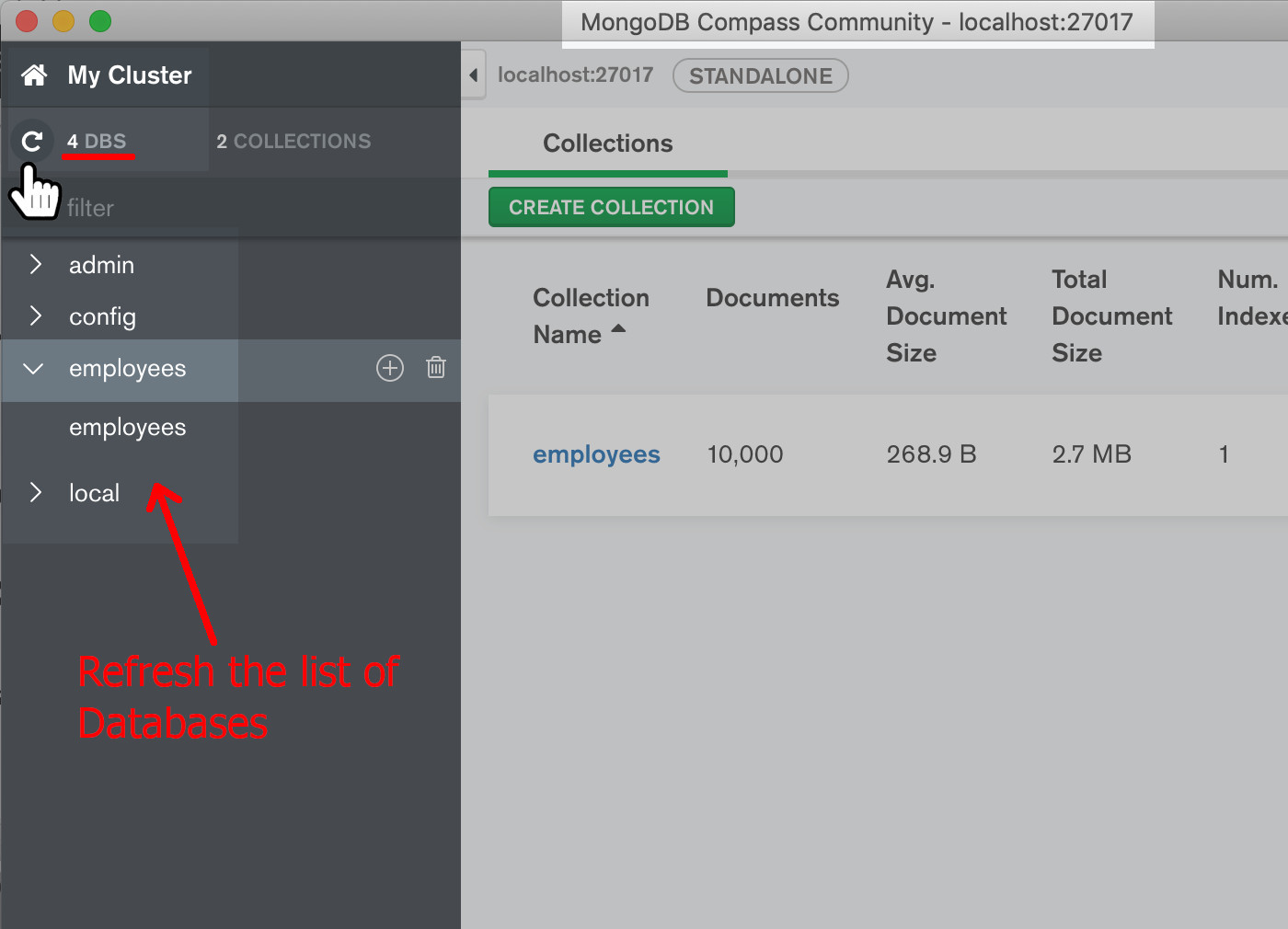 Screenshot of MongoDB Compass GUI refreshing the databases