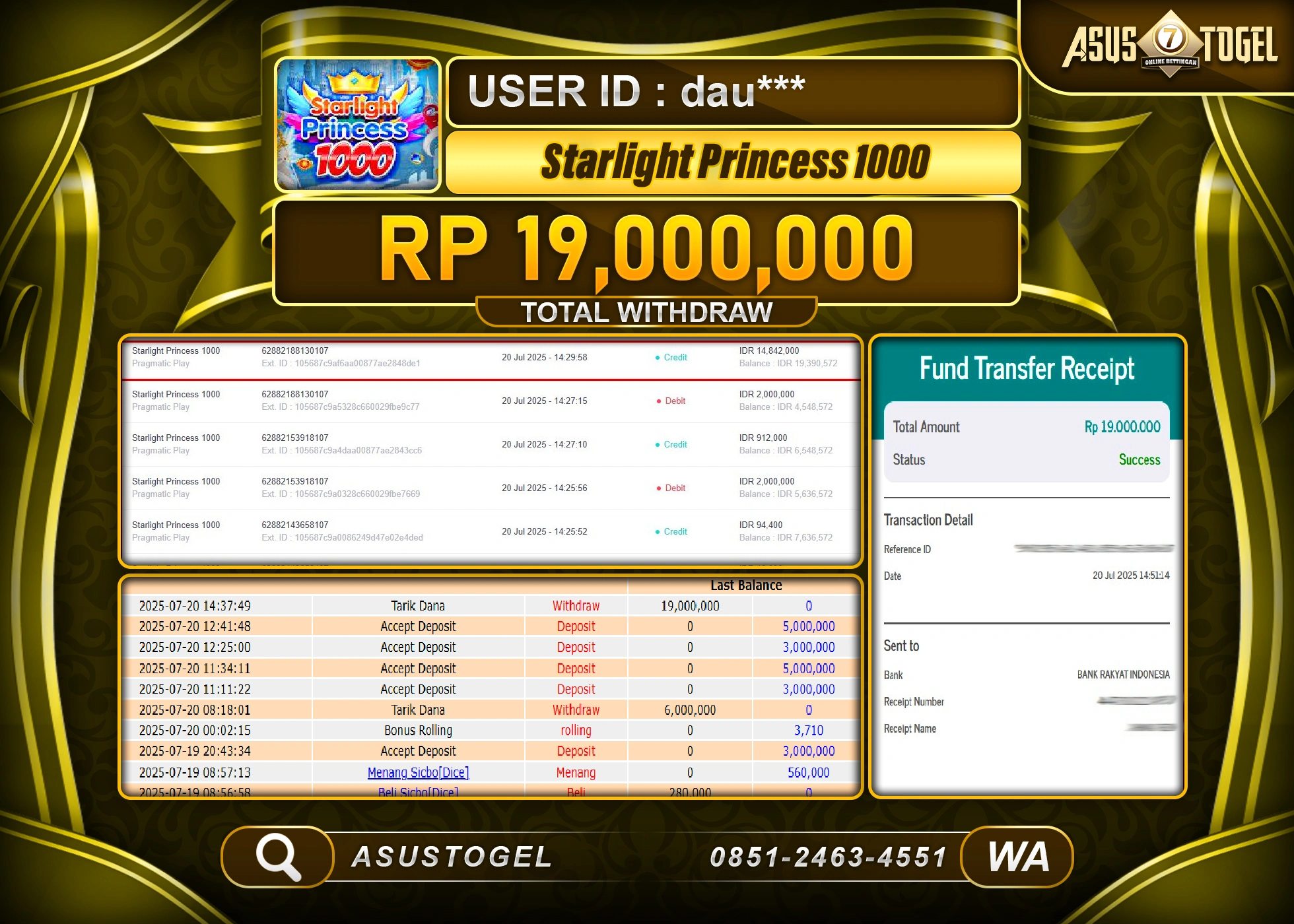 ASUSTOGEL KEMENANGAN DI SLOT STARLIGHT PRINCESS 1000 SEBESAR 19,000,000- RUPIAH LUNAS