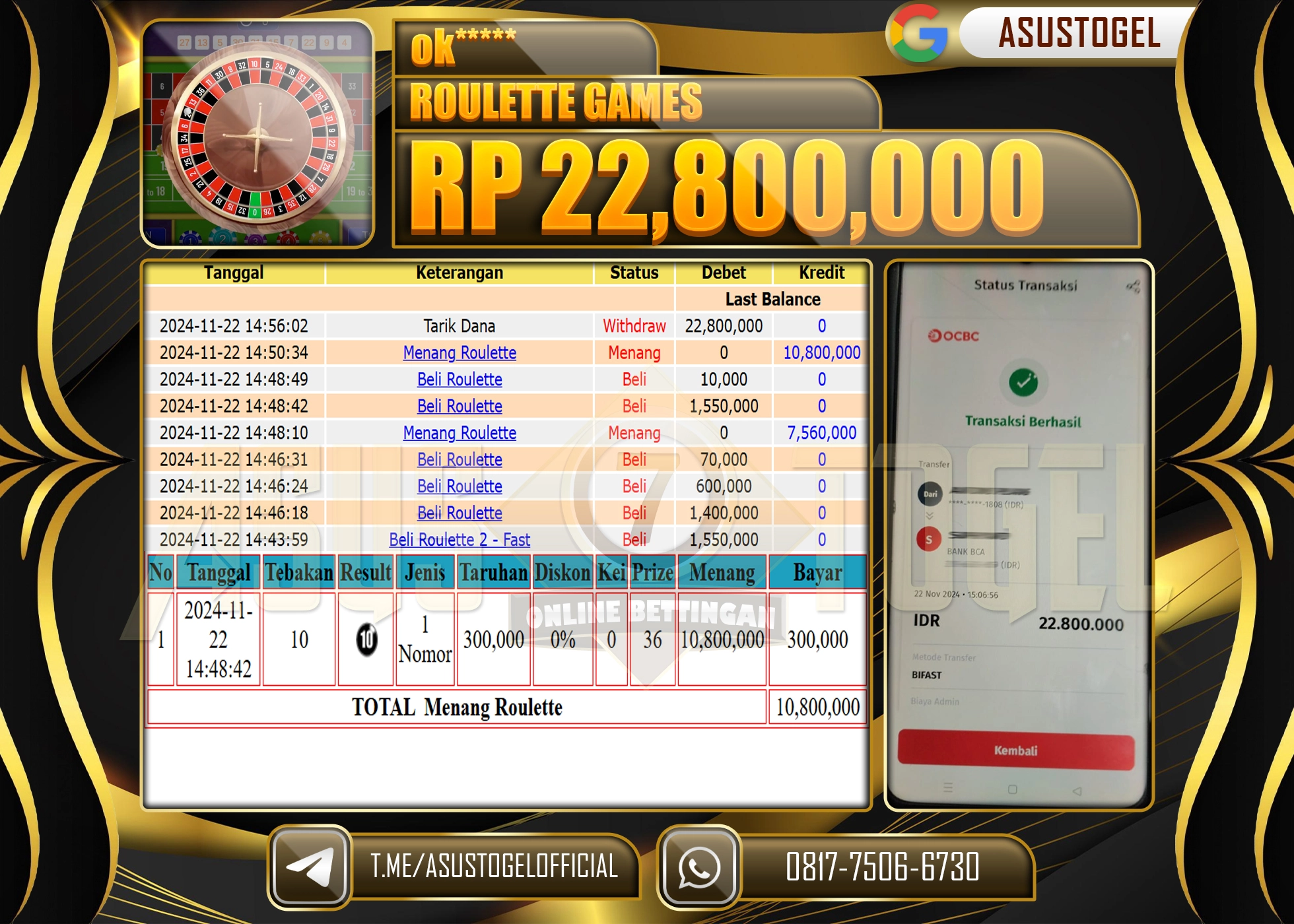 ASUSTOGEL KEMENANGAN DI   LIVE GAMES ROULETTE SEBESAR  22,800,000 - RUPIAH LUNAS