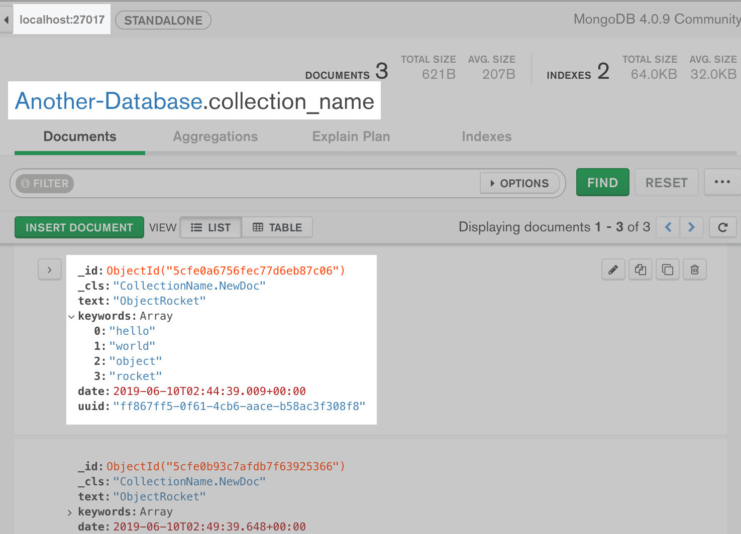 Screenshot of the MongoDB Compass UI showing a document created by MongoEngine in a Python script