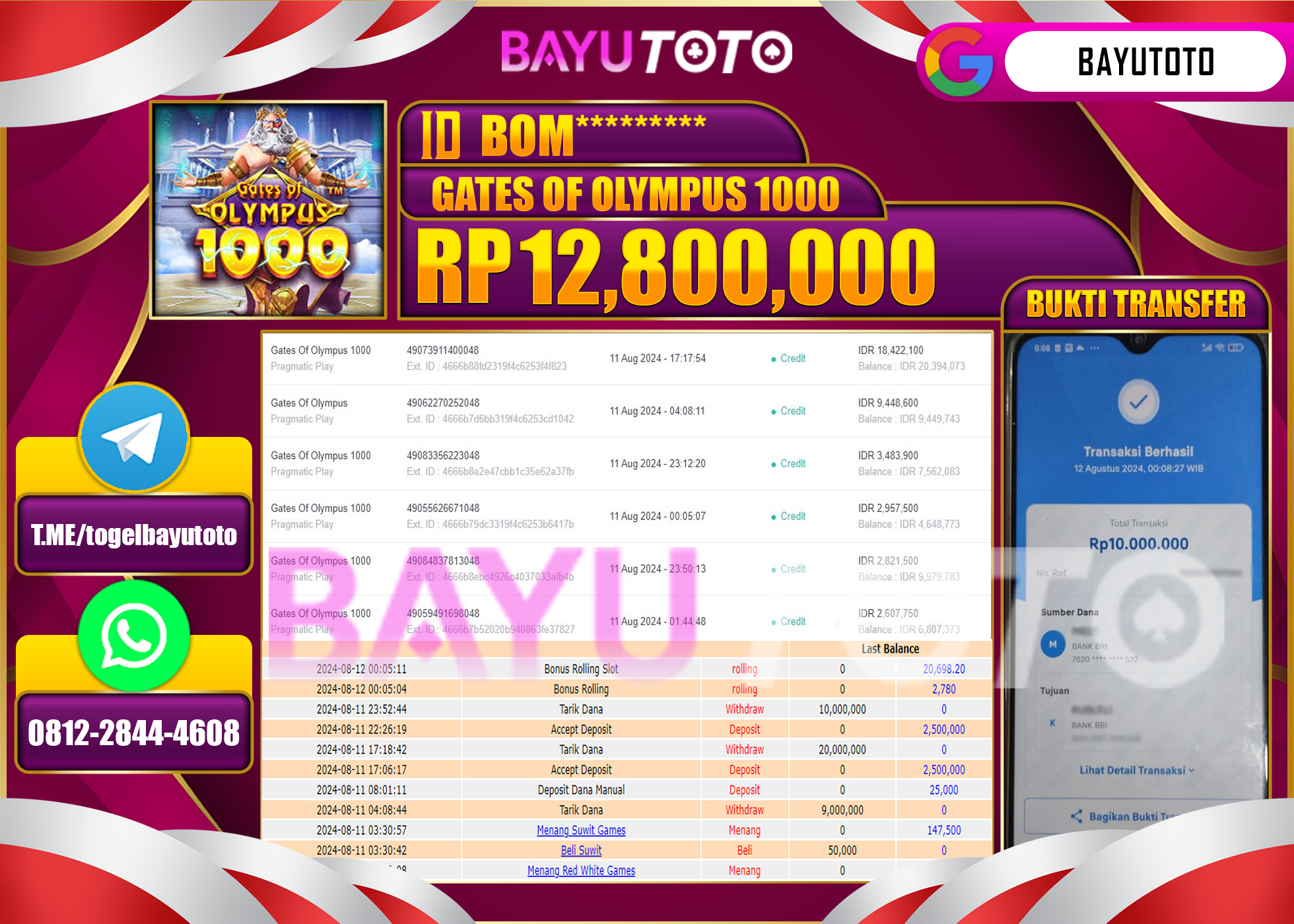 BAYUTOTO MENANG SLOT GATES OF OLYMPUS 1000 12.800.000 - LUNAS