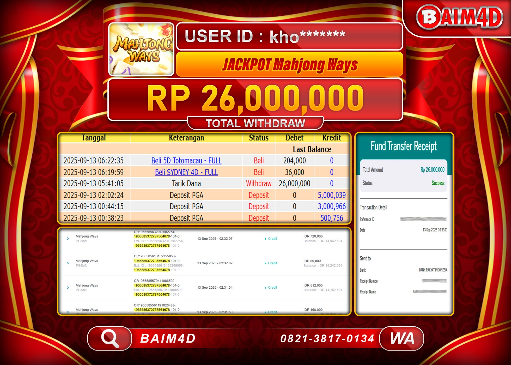 BAIM4D JACKPOT SLOT MAHJONG WAYS PG SOFT Rp.26,000,000.- LUNAS
