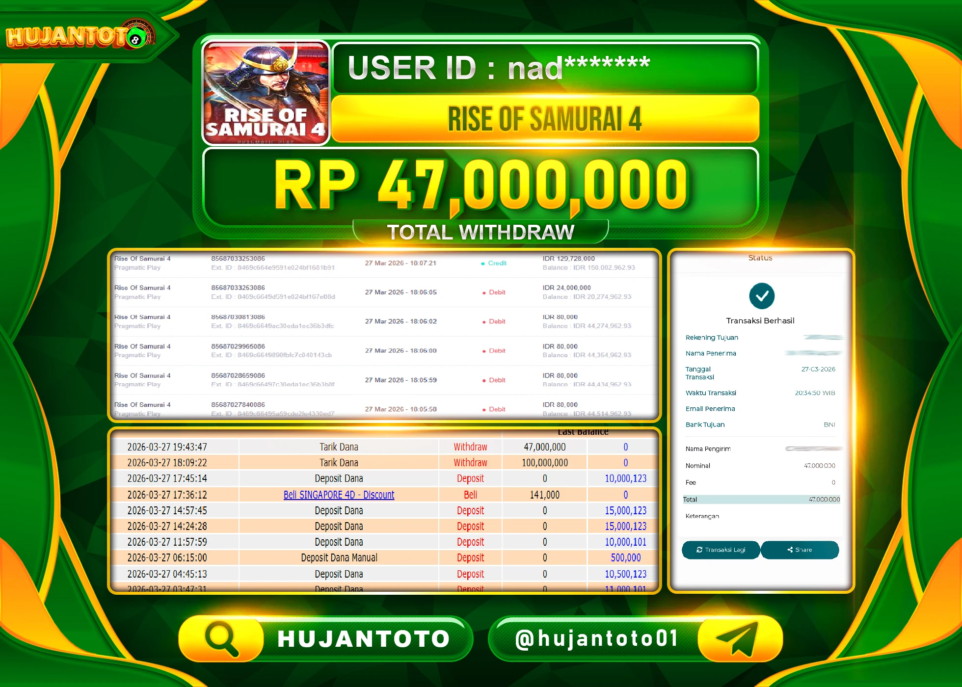 HUJANTOTO - BUKTI JACKPOT MENANG SLOT RISE OF SAMURAI  4 PRAGMATIC Rp.47,000,000 - TERBAYAR LUNAS