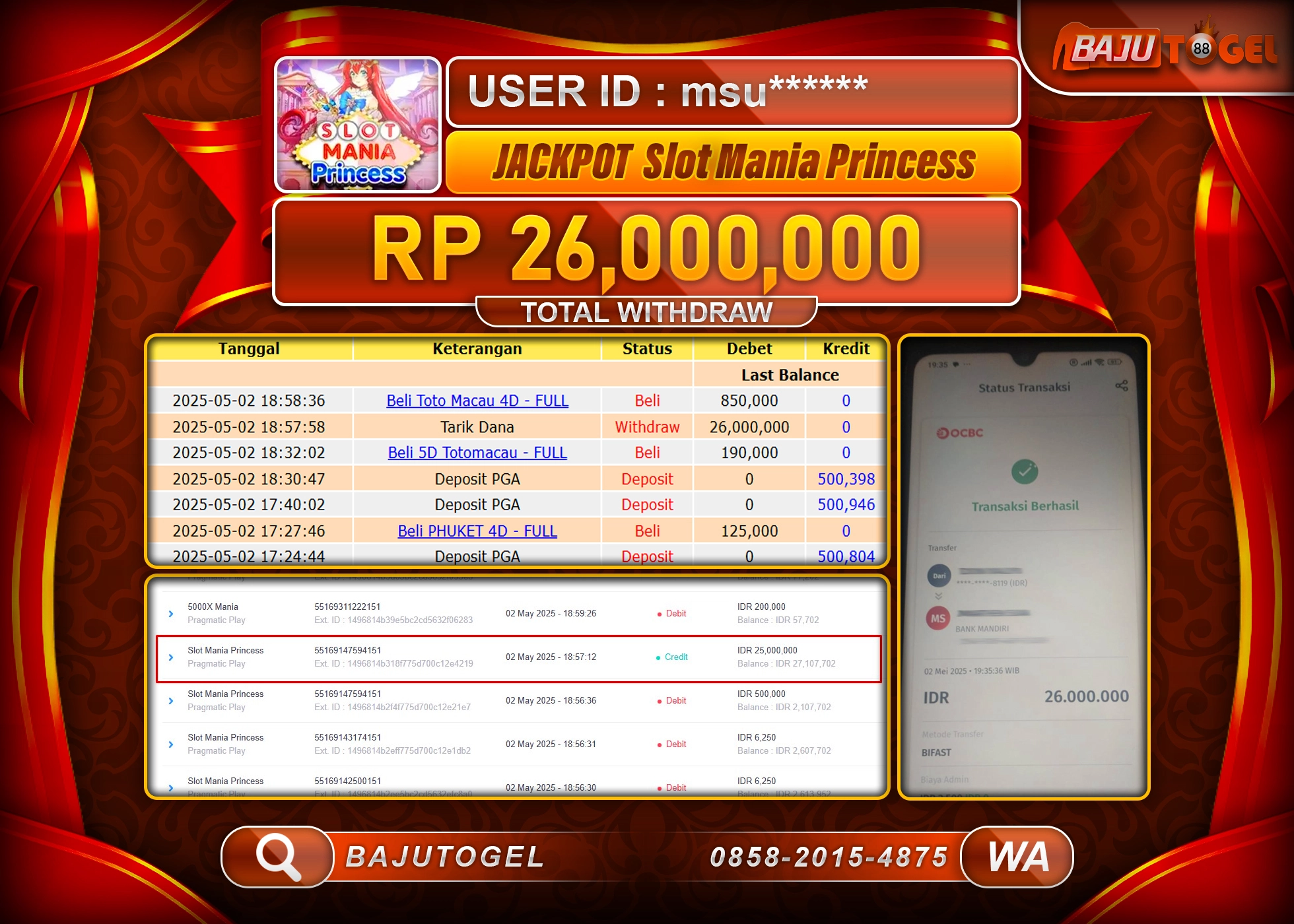 BAJUTOGEL KEMENANGAN SLOT MANIA PRINCESS Rp.26.000.000 LUNAS