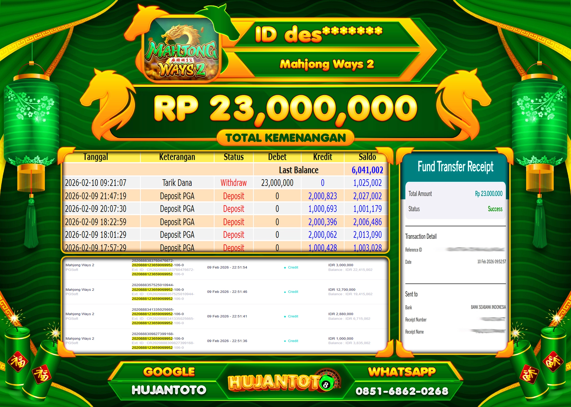 HUJANTOTO - BUKTI JACKPOT MENANG SLOT MAHJONG WAYS 2 Rp.23,000,000 - TERBAYAR LUNAS