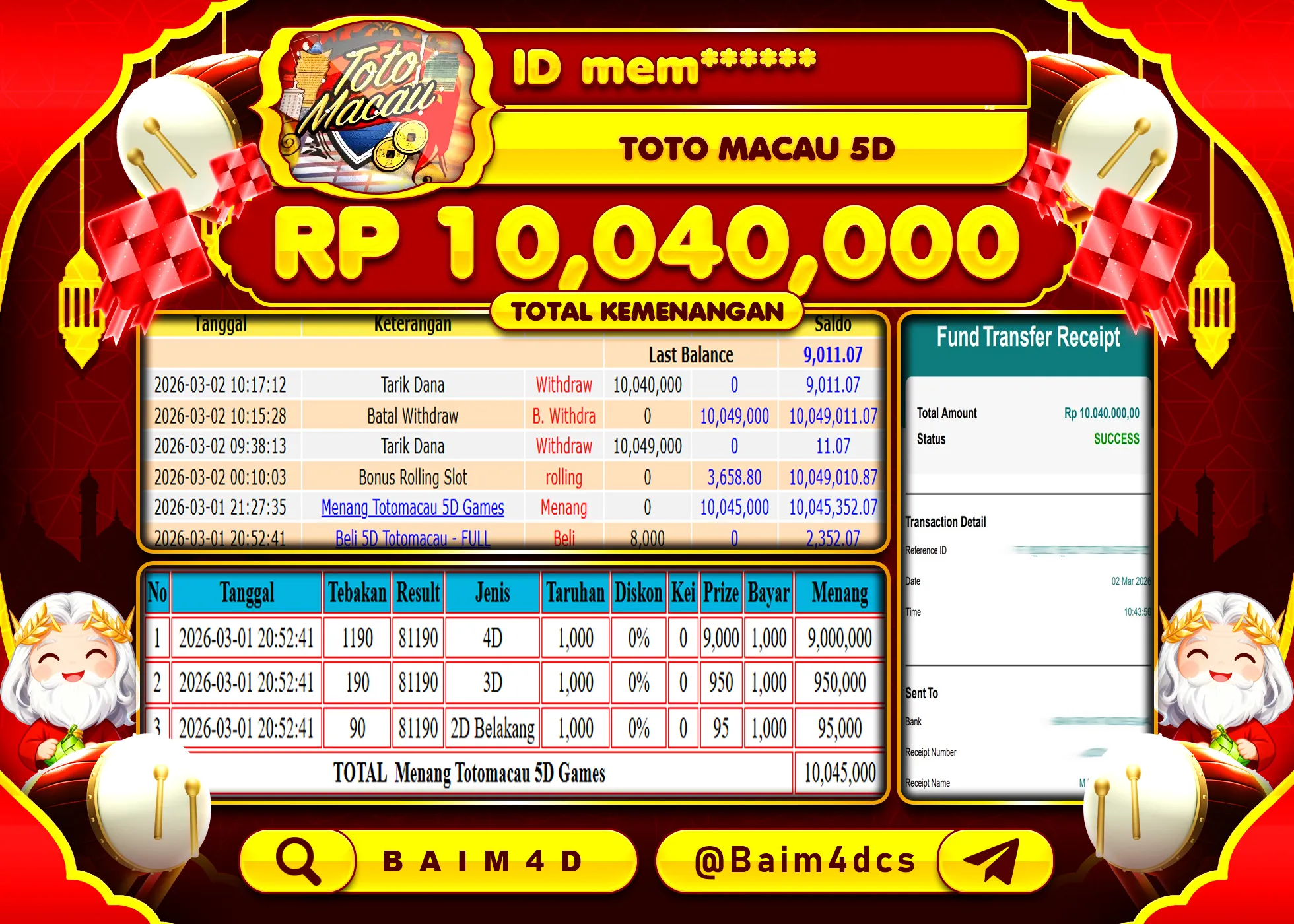 BAIM4D JACKPOT TOTO MACAU 5D  Rp.10,040,000 - LUNAS