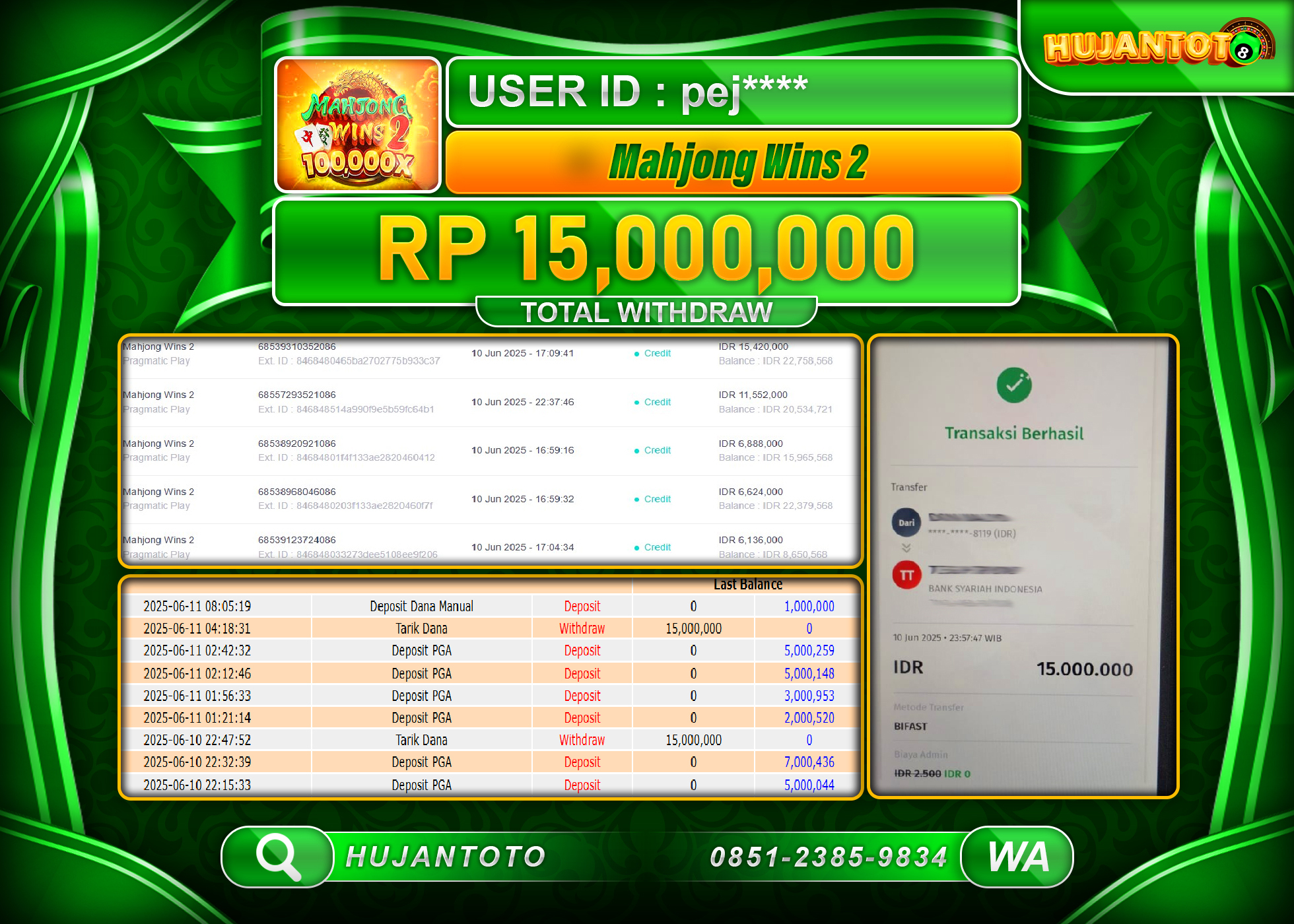 HUJANTOTO - BUKTI JACKPOT MENANG SLOT MAHJONG WINS 2 Rp.15,000,000 - TERBAYAR LUNAS