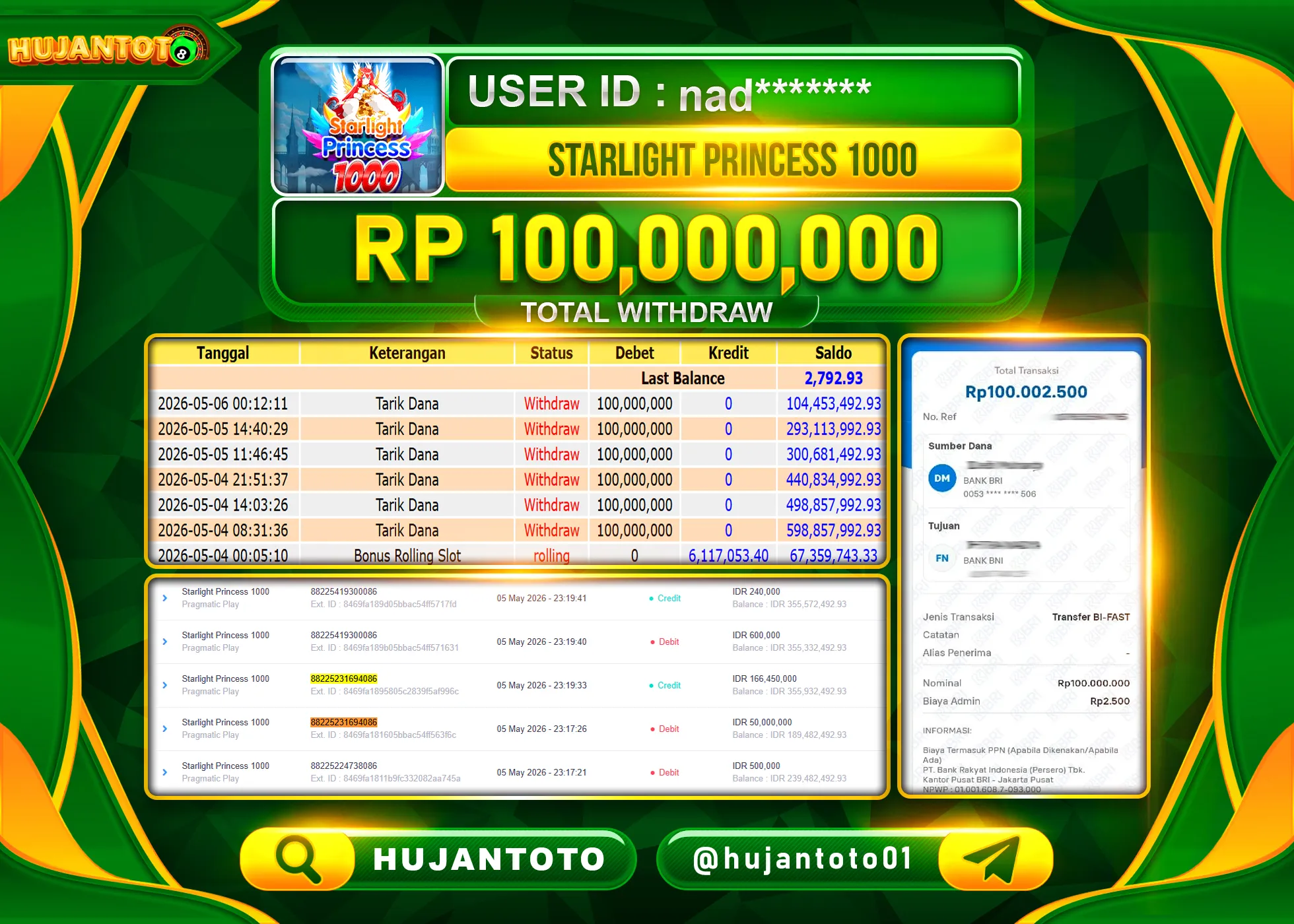 HUJANTOTO - BUKTI JACKPOT MENANG SLOT STARLIGHT PRINCESS 1000 Rp.100,000,000 - TERBAYAR LUNAS