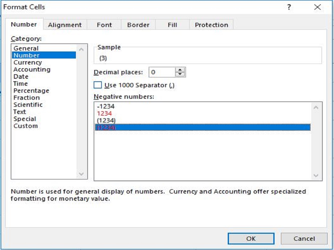 Screenshot of the excel number format
