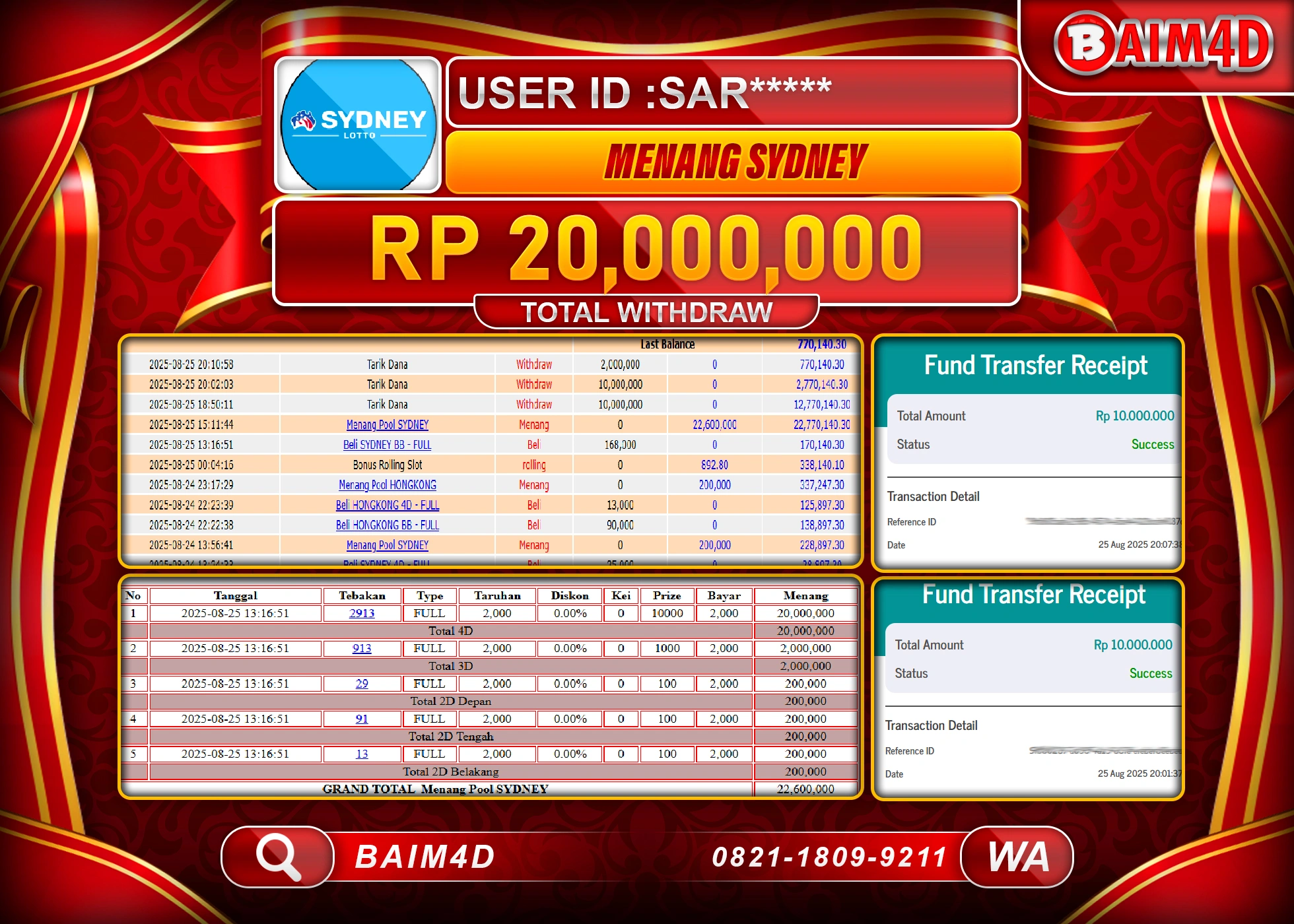BAIM4D JACKTPOT TOGEL SYDNEY LOTTO Rp.20,000,000.- LUNAS