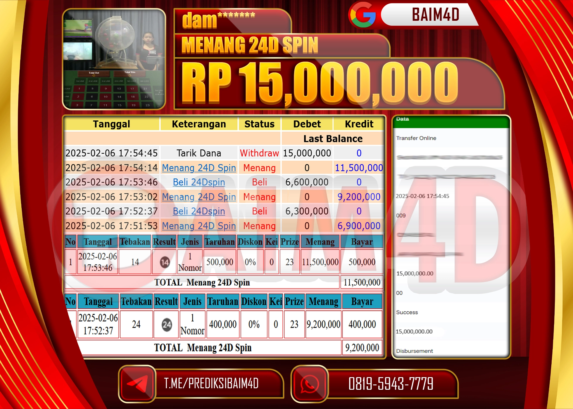 BAIM4D JACKPOT MENANG 24D SPIN GAMES Rp.15.000,000.- LUNAS