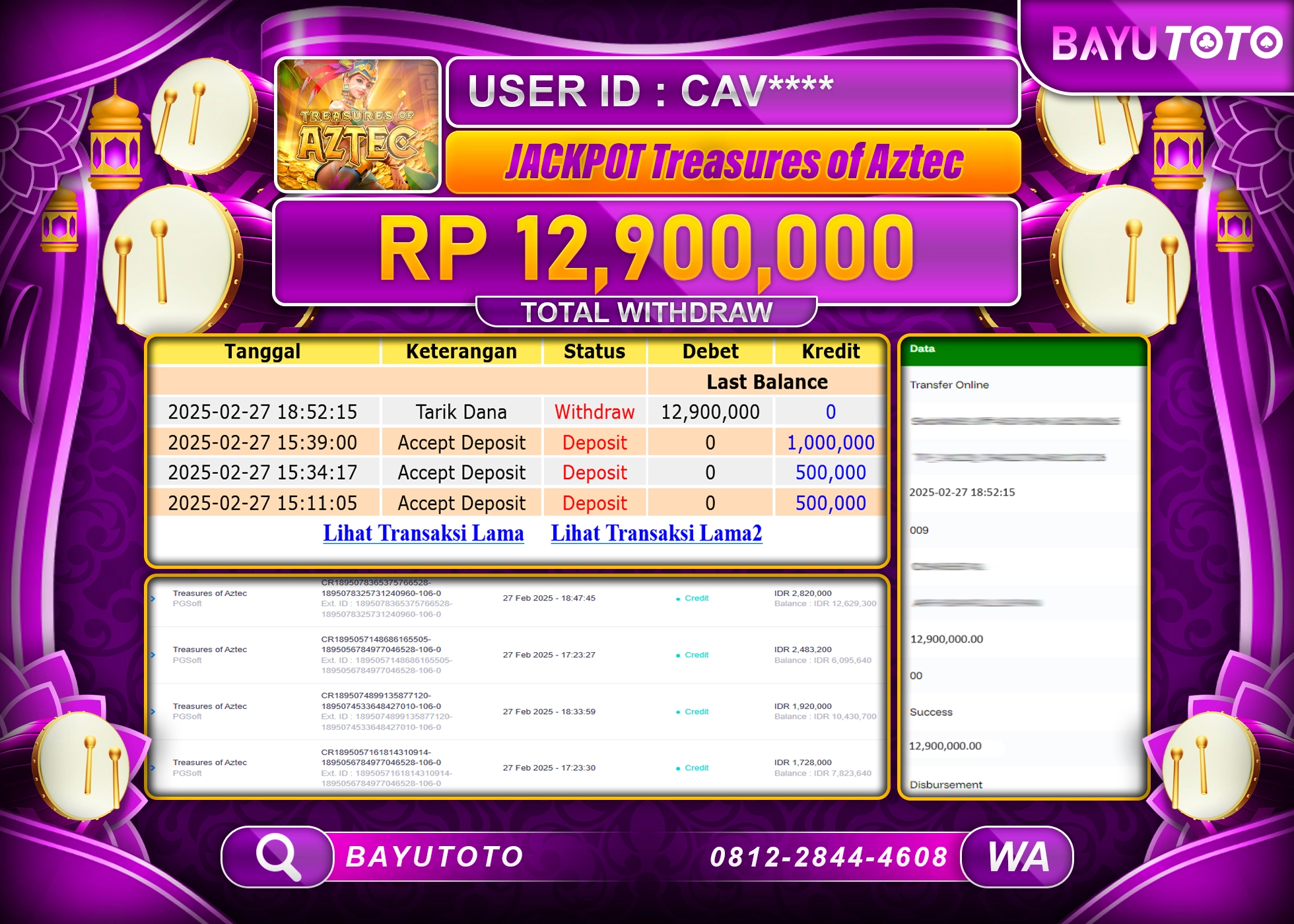 BAYUTOTO JACKPOT TRESURES OF AZTEC PG SOFT Rp.12.900.000 LUNAS