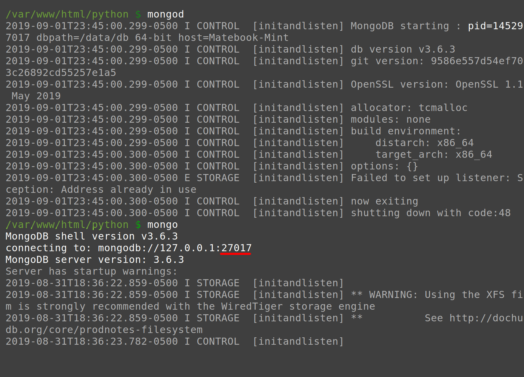 Screenshot of a terminal window running mongo Shell
