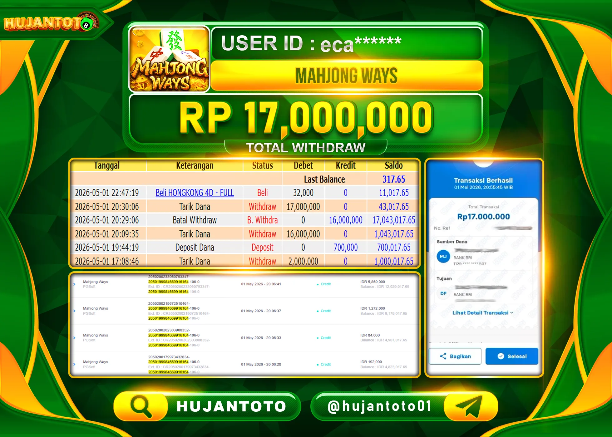 HUJANTOTO - BUKTI JACKPOT MENANG SLOT MAHJONG WAYS Rp.17,000,000 - TERBAYAR LUNAS