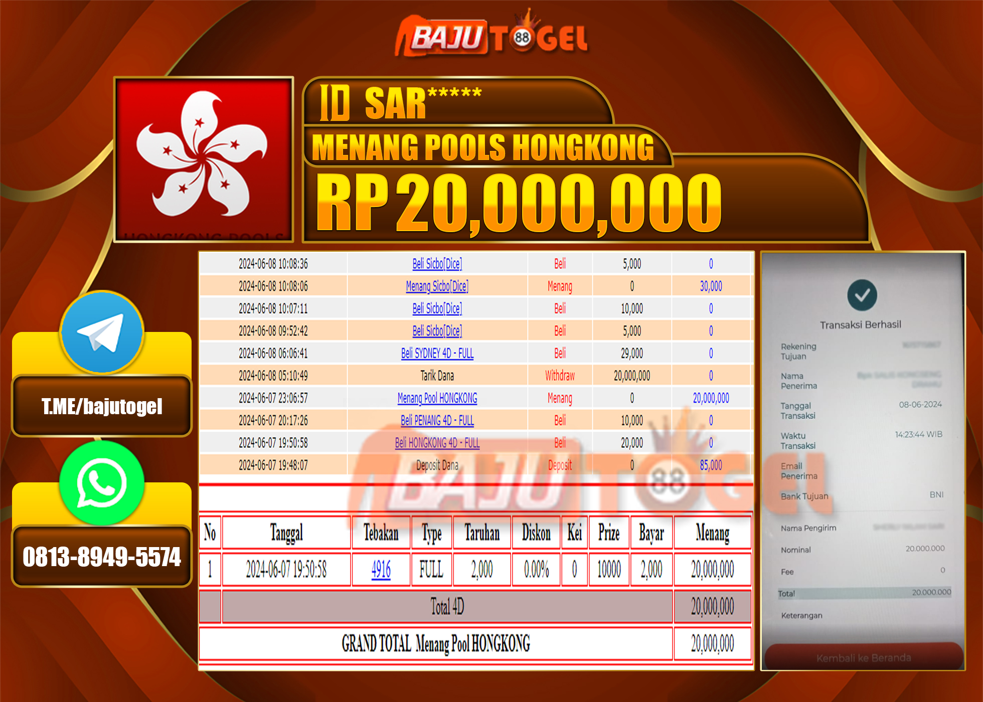 BAJUTOGEL JACKPOT PASARAN HONGKONG Rp.20.000.000 LUNAS
