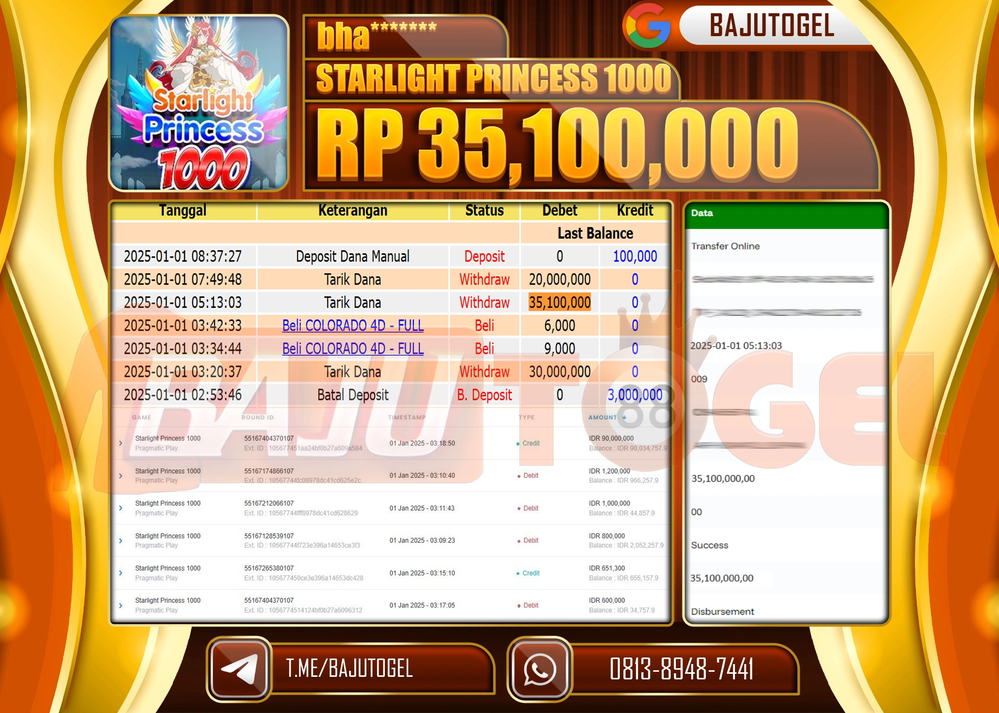 BAJUTOGEL JACKPOT STARLIGHT PRINCESS 1000 Rp.35.100.000 LUNAS