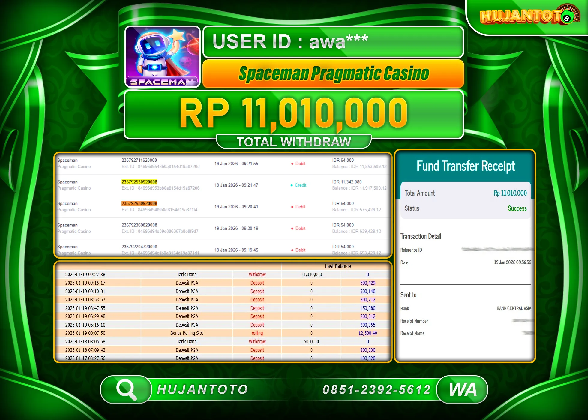 HUJANTOTO - BUKTI JACKPOT MENANG GAMES  SPACEMAN PRAGMATIC PLAY Rp.11,010,000 - TERBAYAR LUNAS