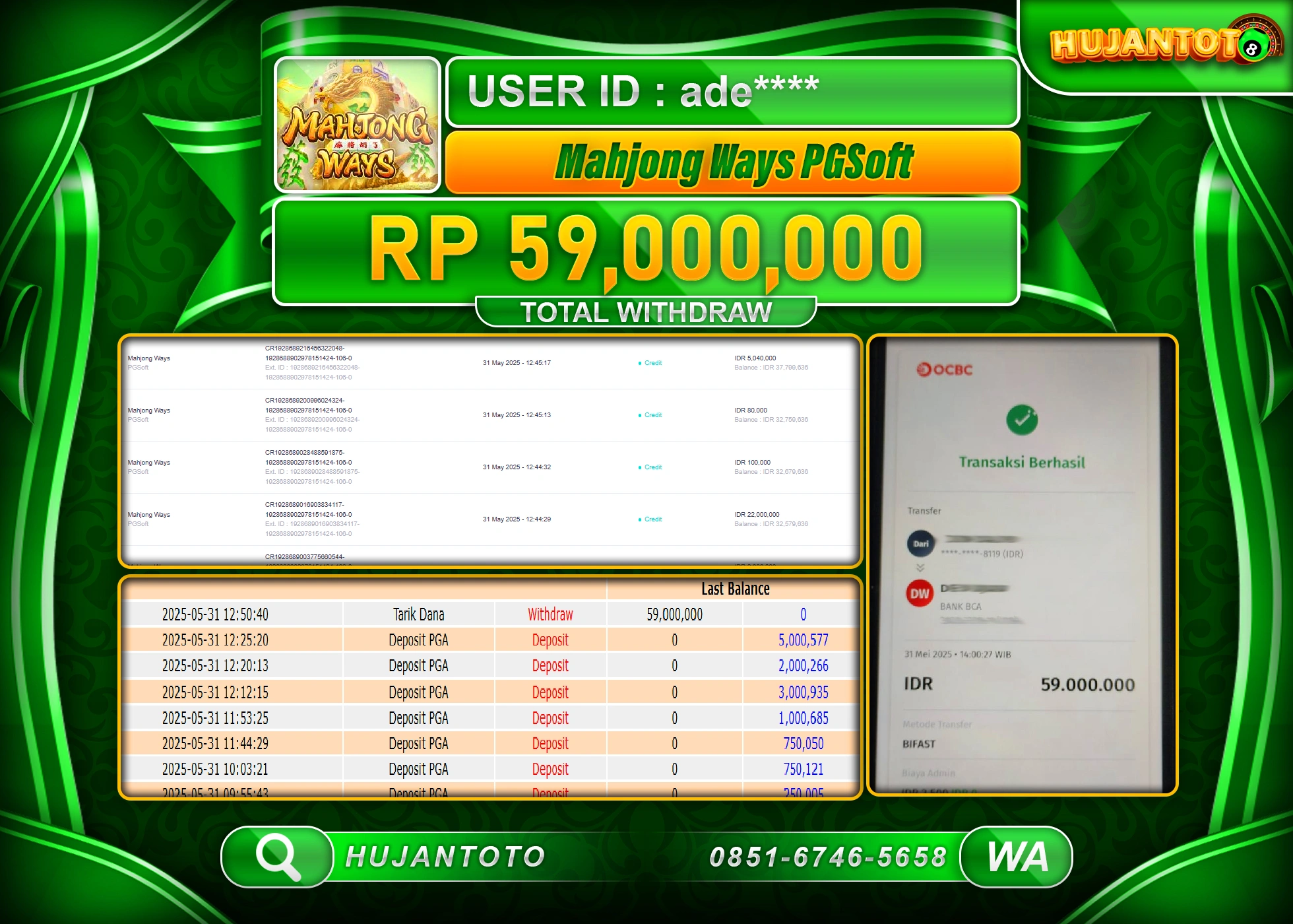   HUJANTOTO - BUKTI JACKPOT MENANG SLOT MAHJONG WAYS PG SOFT Rp.59,000,000 - TERBAYAR LUNAS