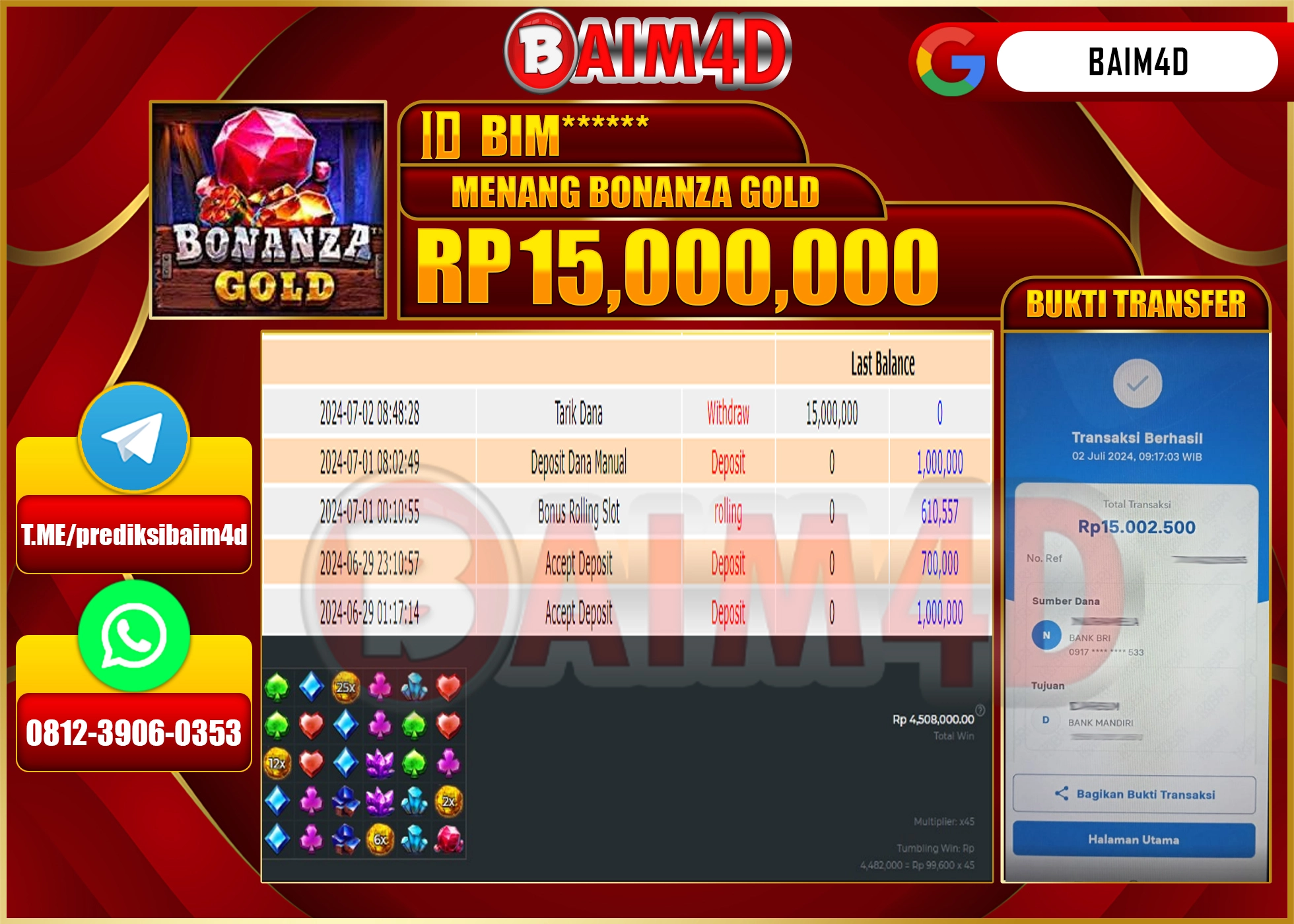BAIM4D JACKPOT PRAGMATIC PLAY BONANZA GOLD Rp.15.000,000.- LUNAS