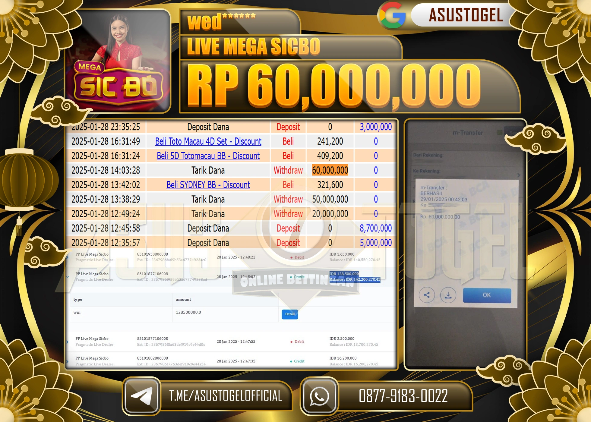ASUSTOGEL KEMENANGAN DI PP LIVE MEGA SICBO SEBESAR 60.000.000 - RUPIAH LUNAS