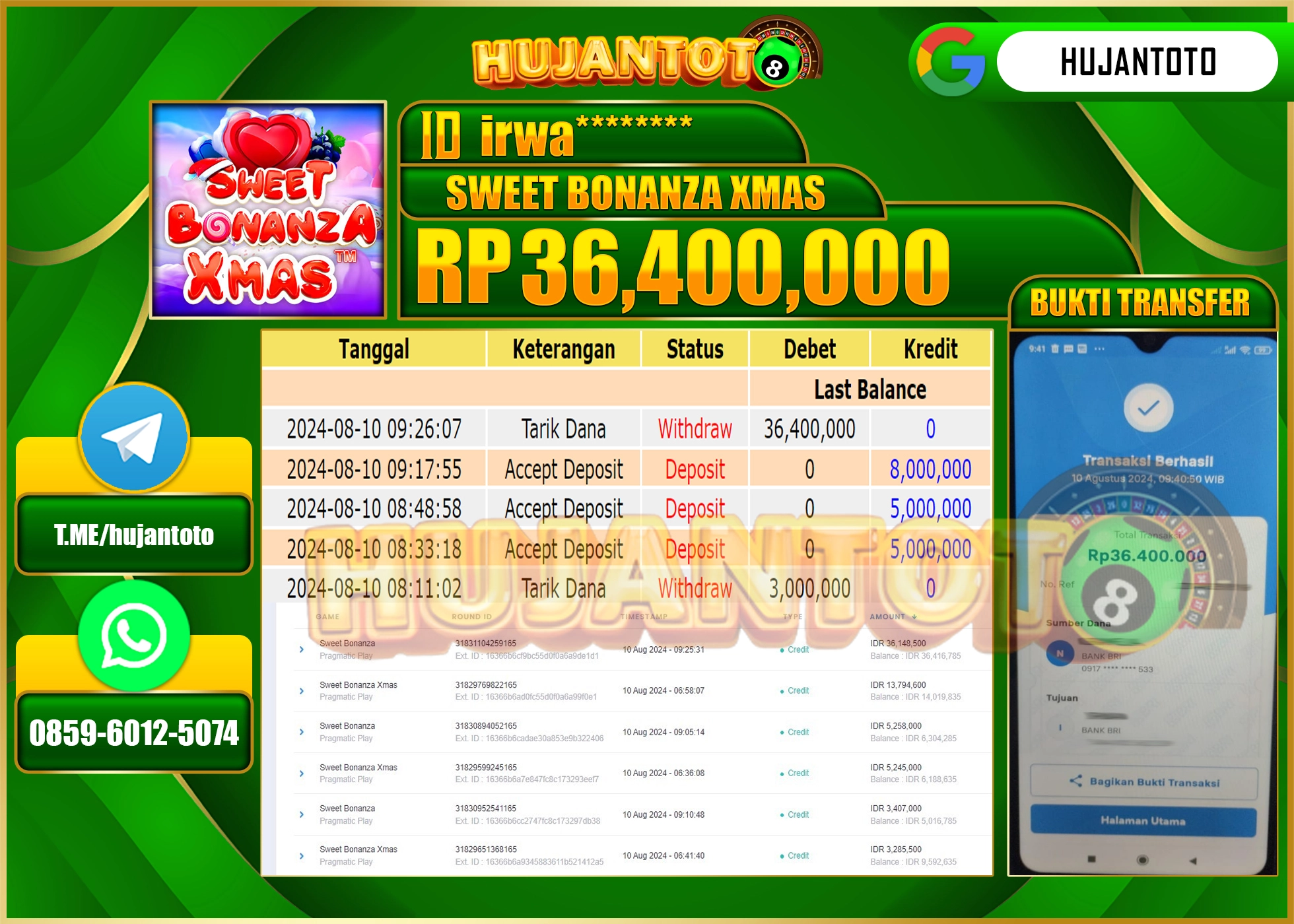 HUJANTOTO MENANG BESAR DI PERMAINAN SLOT SWEET BONANZA XMAZ 36.400.000 - LUNAS 