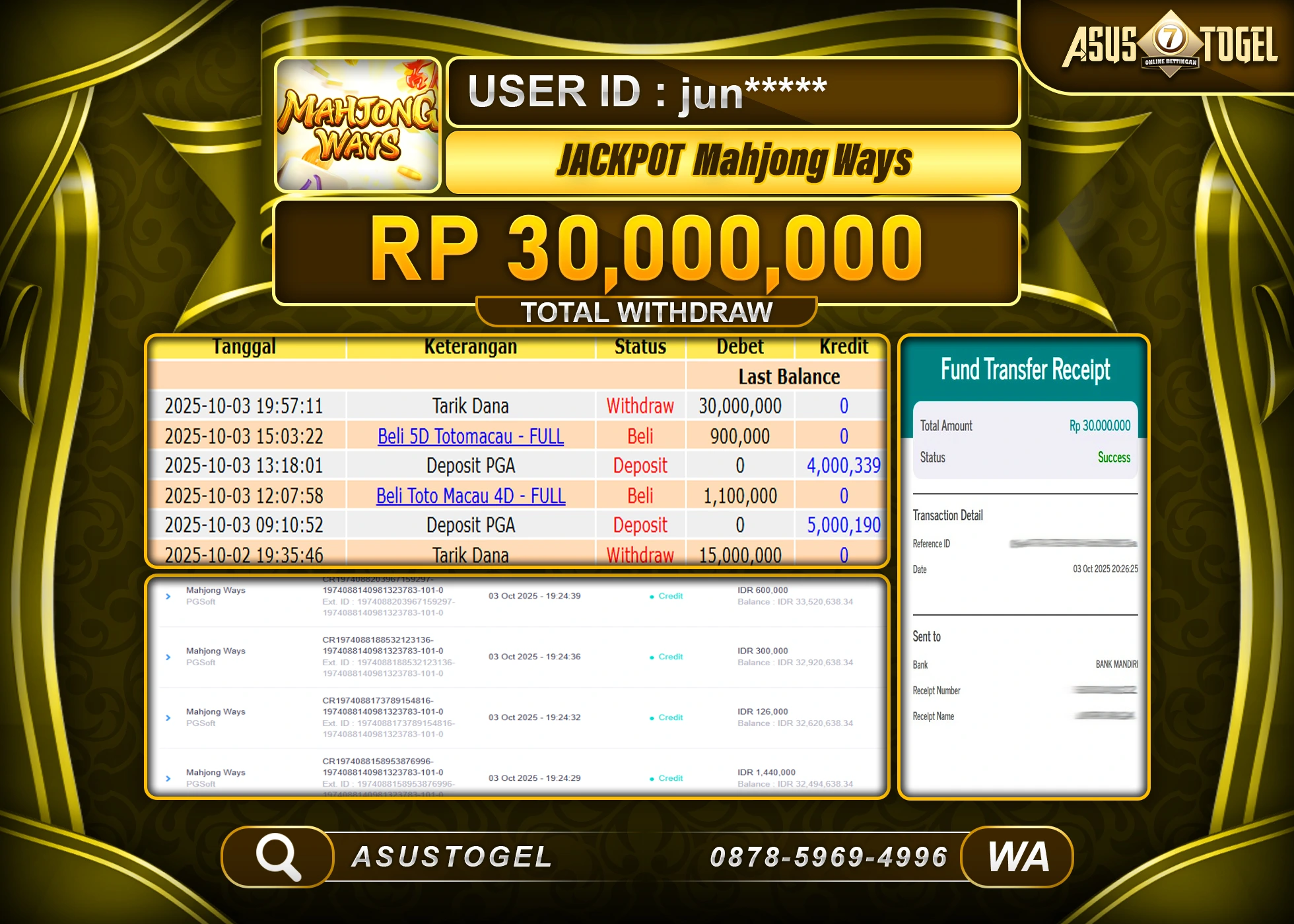 ASUSTOGEL KEMENANGAN DI SLOT MAHJONG WAYS PGSOFT  SEBESAR 30,000,000- RUPIAH LUNAS