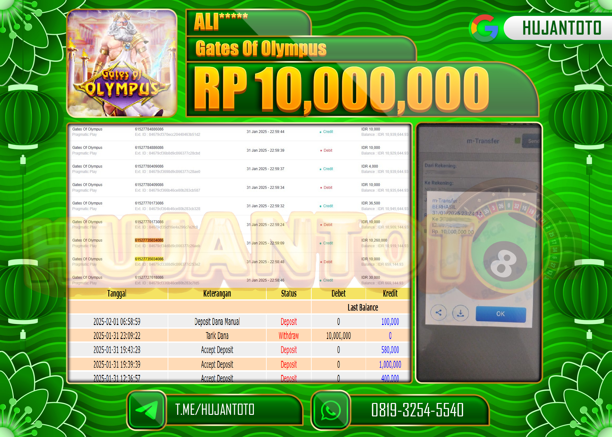 HUJANTOTO - BUKTI JACKPOT MENANG SLOT GATES OF OLYMPUS Rp,10,000,000 - TERBAYAR LUNAS