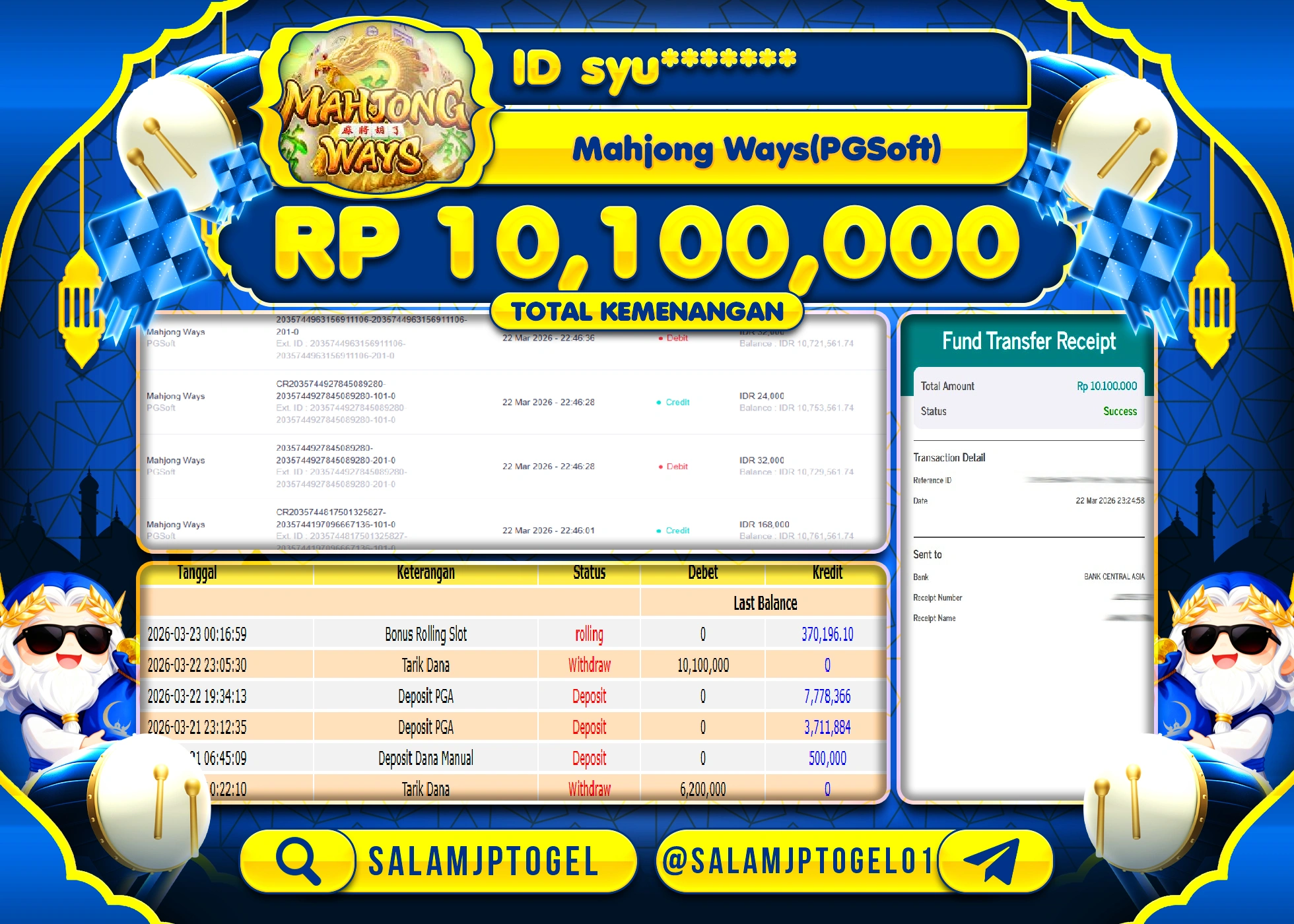 SALAMJPTOGEL MENANG JACKPOT SLOT MAHJONG WAYS (PGSOFT) Rp.10,100,000 - LUNAS