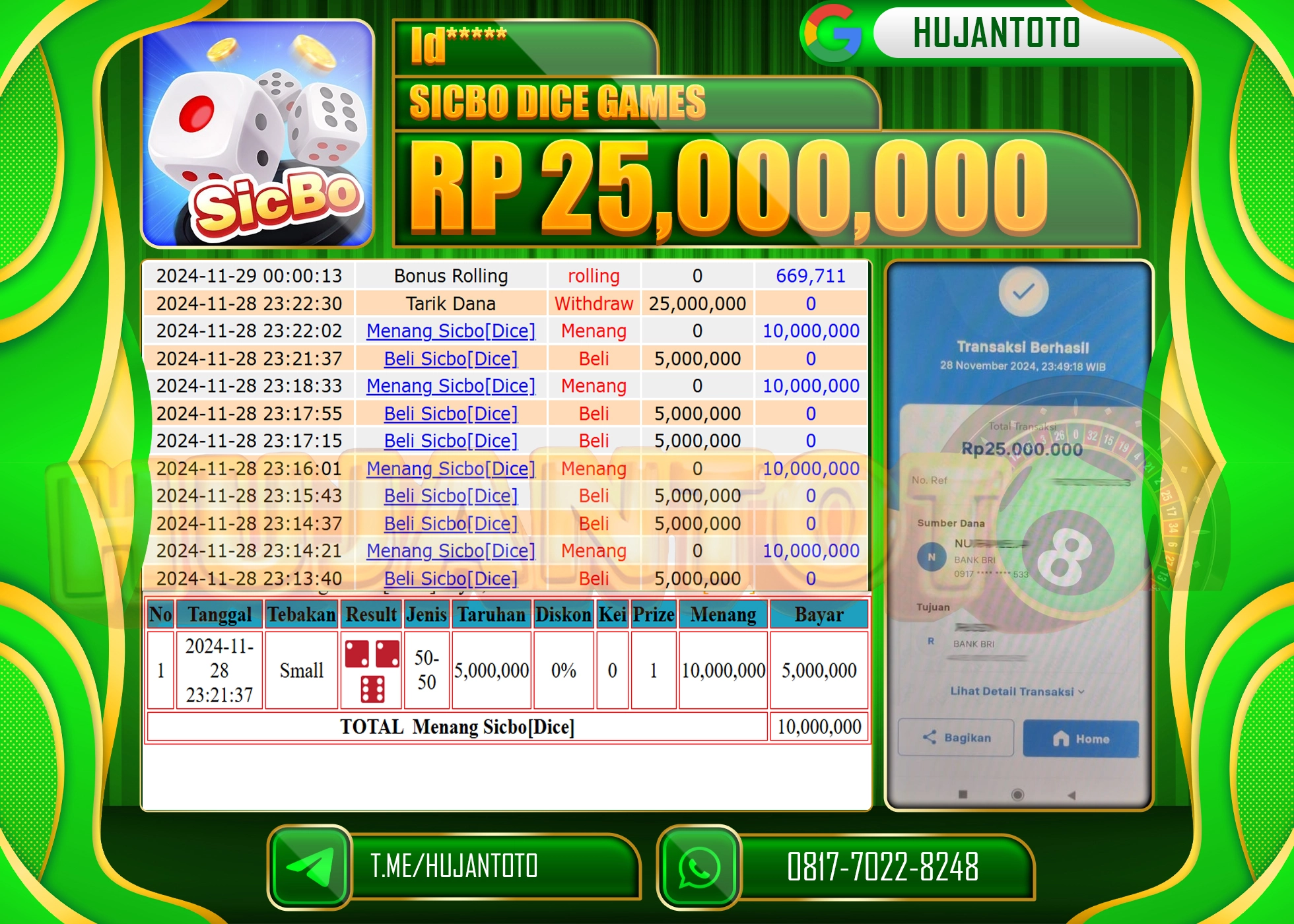 HUJANTOTO KEMENANGAN JACKPOT  BESAR DI RAIH DI GAME SICBO DICE GAMES -SEBESAR 25,000,000 - LUNAS