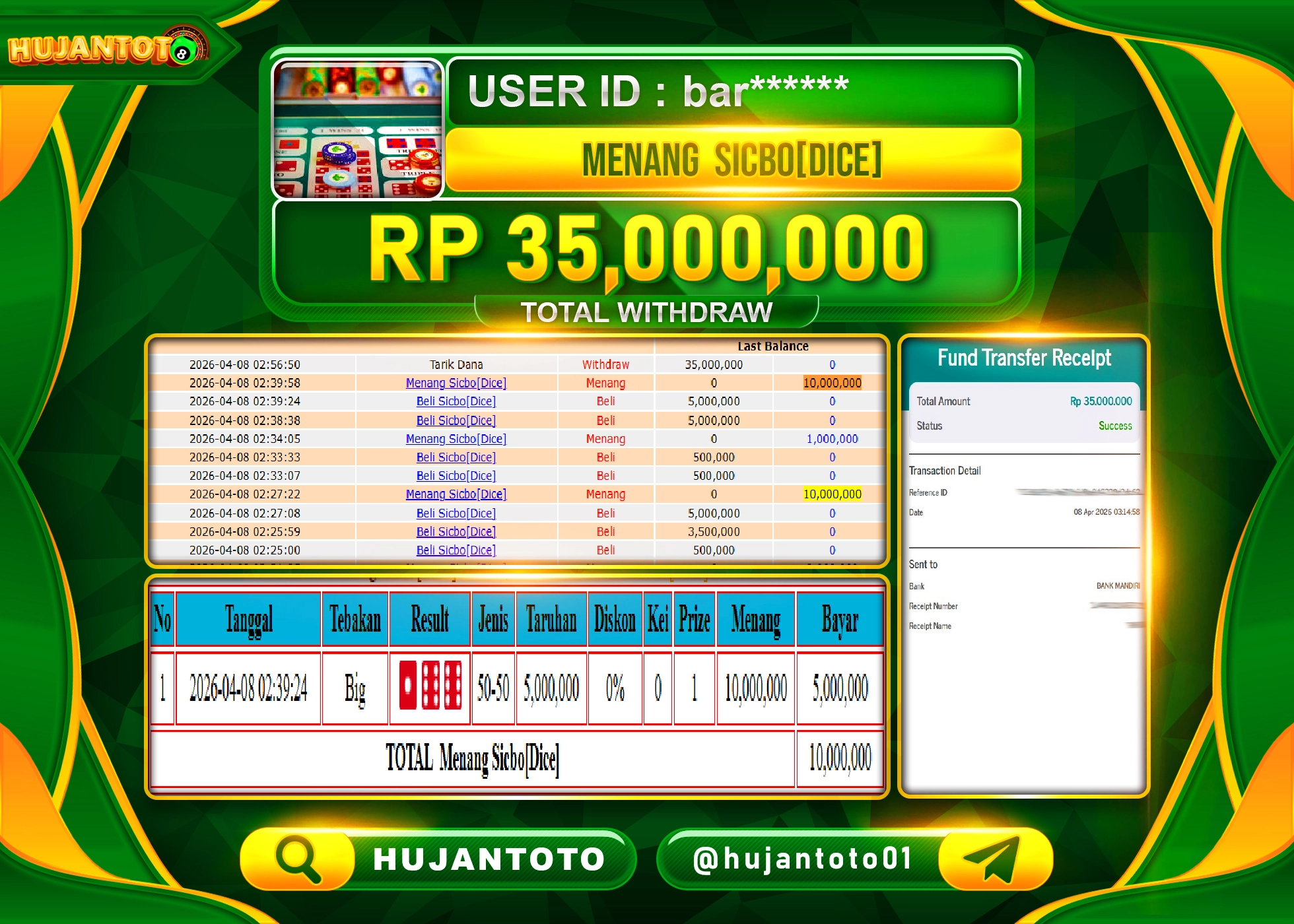 HUJANTOTO - BUKTI JACKPOT MENANG LIVEGAME SICBO DICE Rp.35,000,000 - TERBAYAR LUNAS
