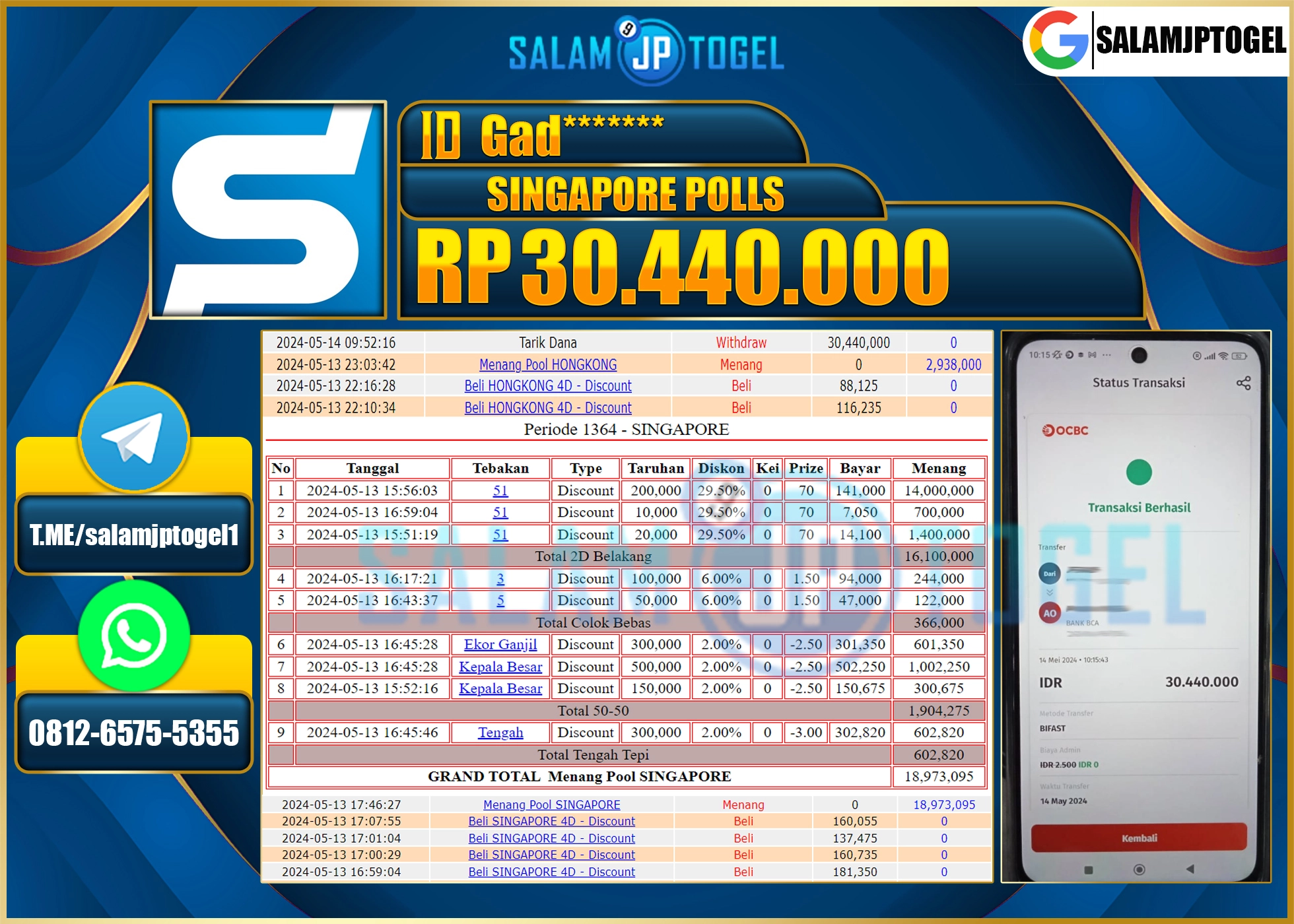 SALAMJPTOGEL MENANG SINGAPORE  RP. 30,440,000.,- LUNAS