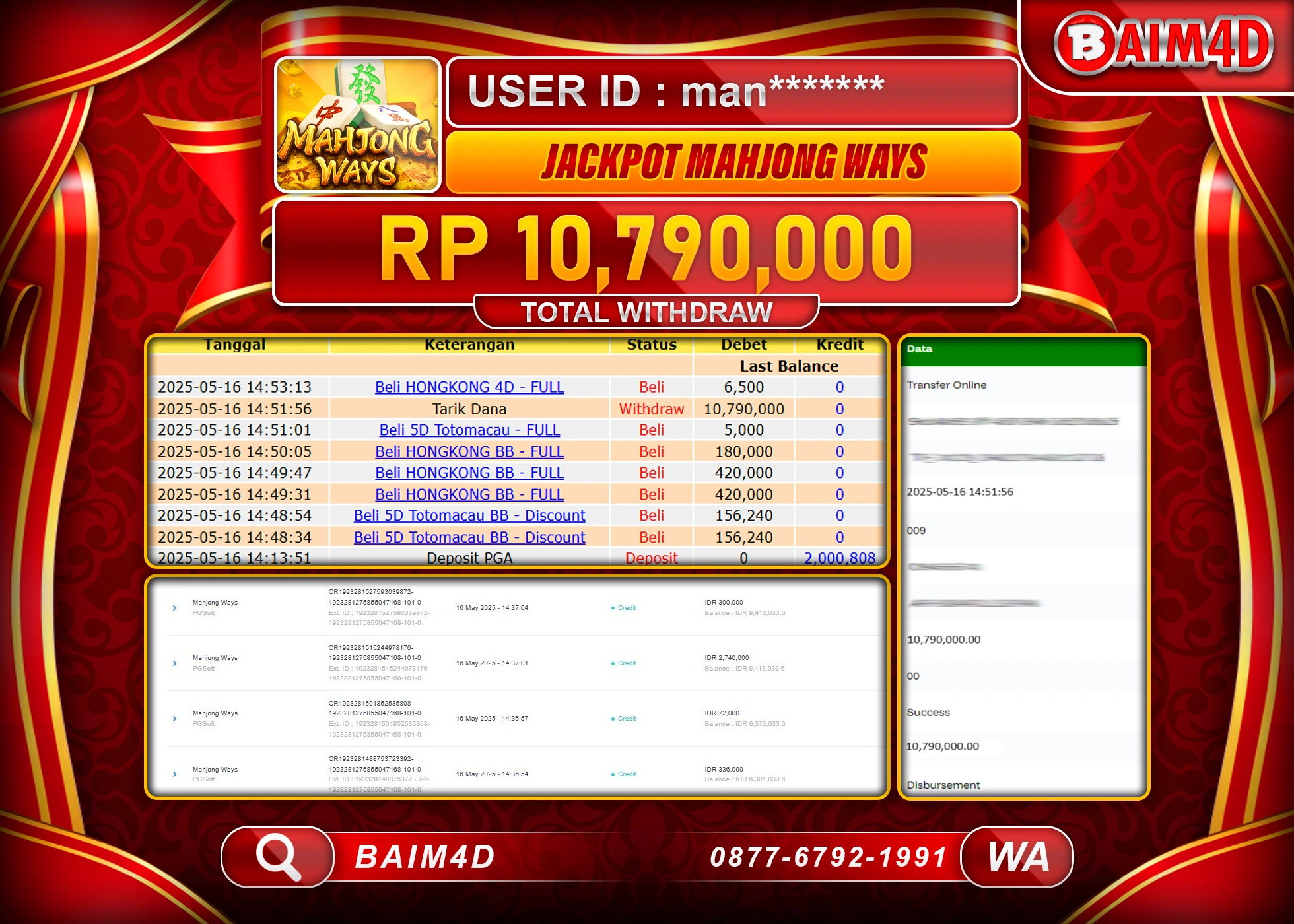 BAIM4D MENANG JACKPOT MAHJONG WAYS  Rp10,790,000 - LUNAS