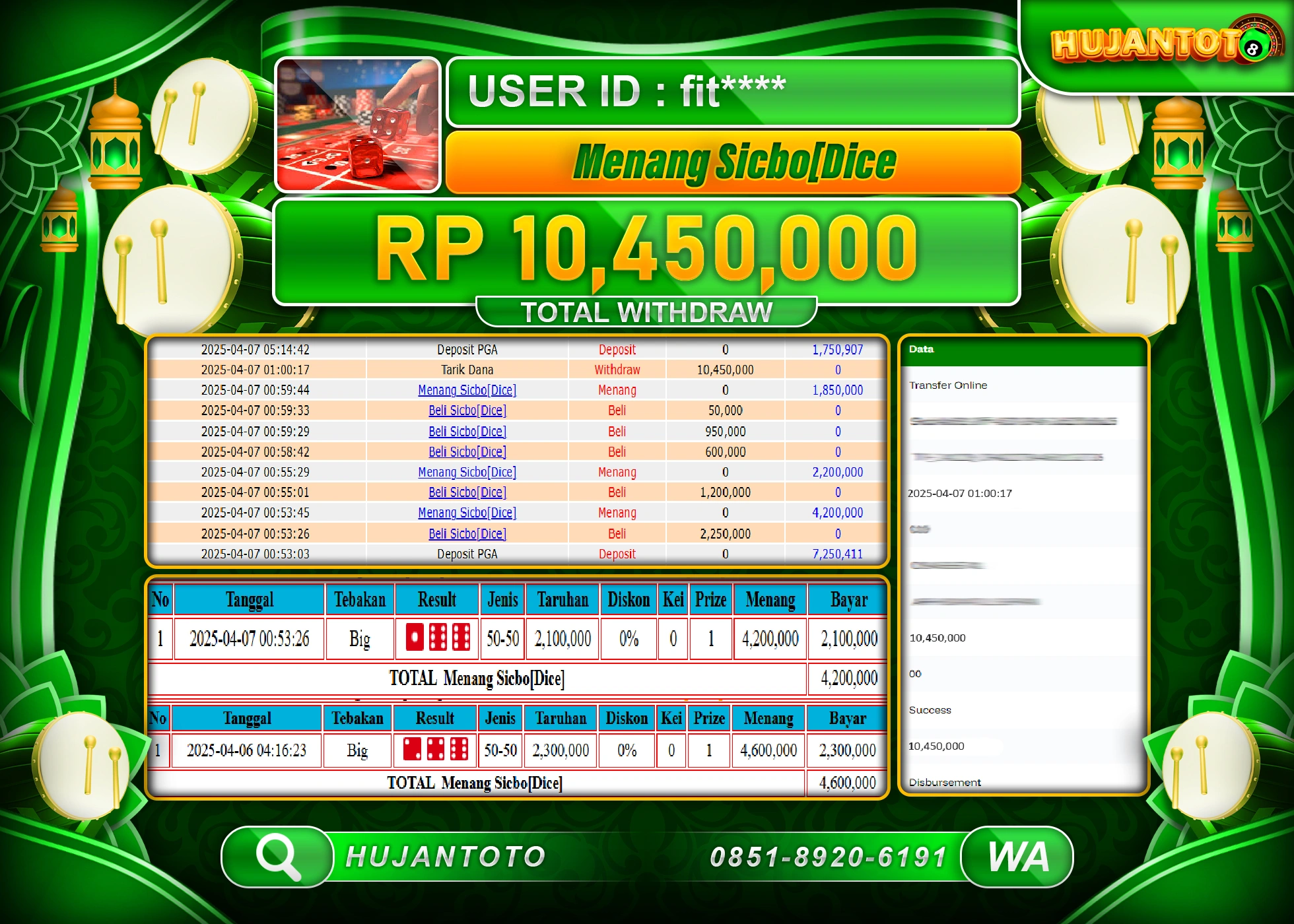 HUJANTOTO - BUKTI JACKPOT MENANG LIVEGAME SICBO DICE Rp,10,450,000 - TERBAYAR LUNAS
