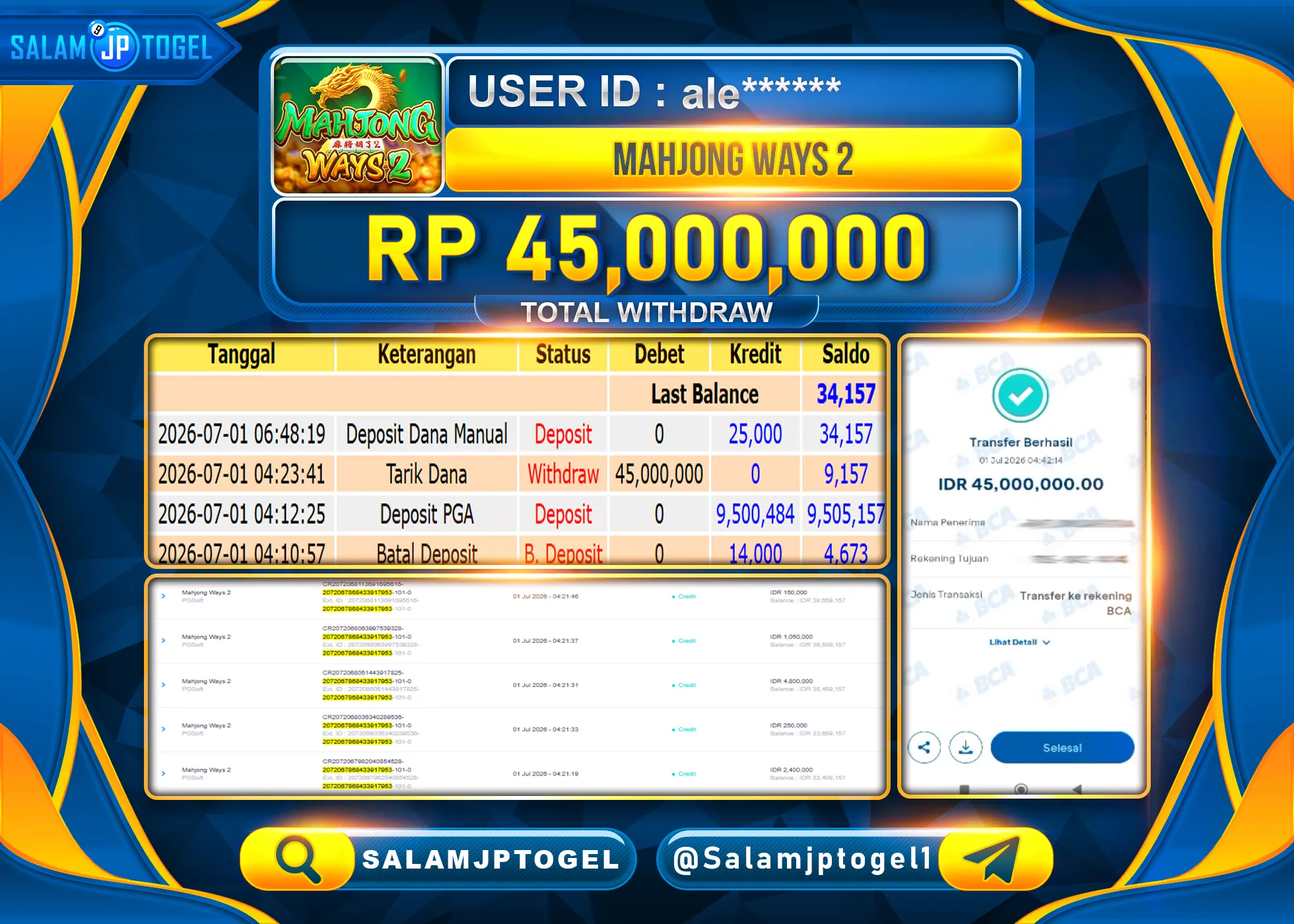 SALAMJPTOGEL JACKPOT MENANG SLOT MAHJONG WAYS 2 PG SOFT Rp.45,000,000 - LUNAS