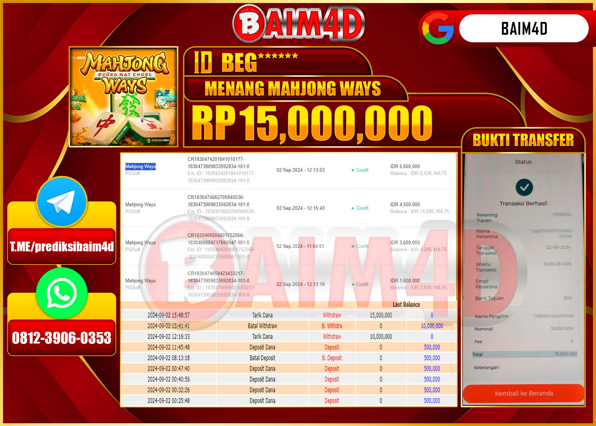 BAIM4D JACKPOT PG SOFT MAHJONG WAYS  Rp.15.000,000.- LUNAS