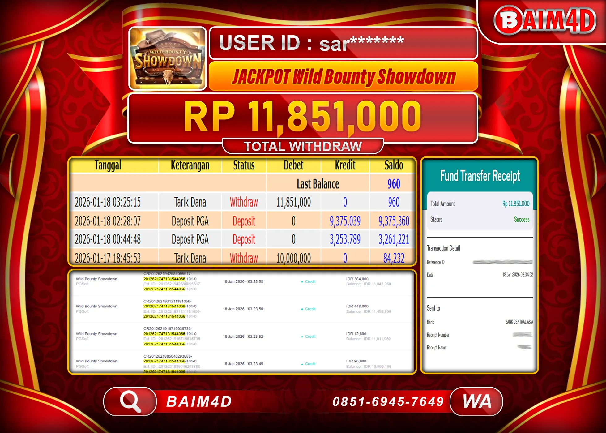 BAIM4D JACKPOT  SLOT WILD BOUNTYSHOWDOWN Rp.11,851,000 - LUNAS